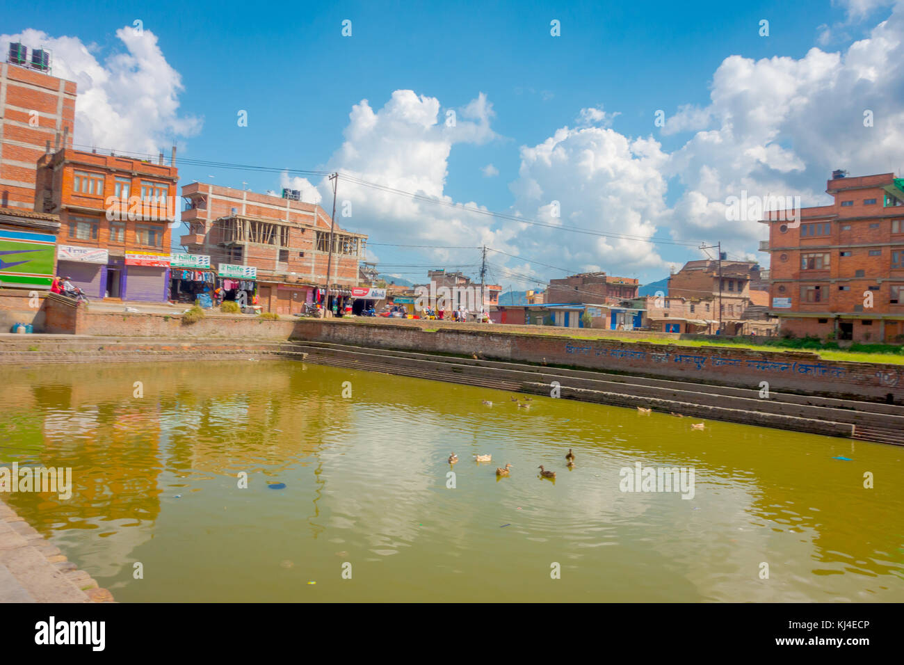 BHAKTAPUR, NÉPAL - 04 NOVEMBRE 2017 : gros plan de la scène urbaine traditionnelle avec un étang artificiel avec des canards nageant à Bhaktapur ville, Népal Banque D'Images