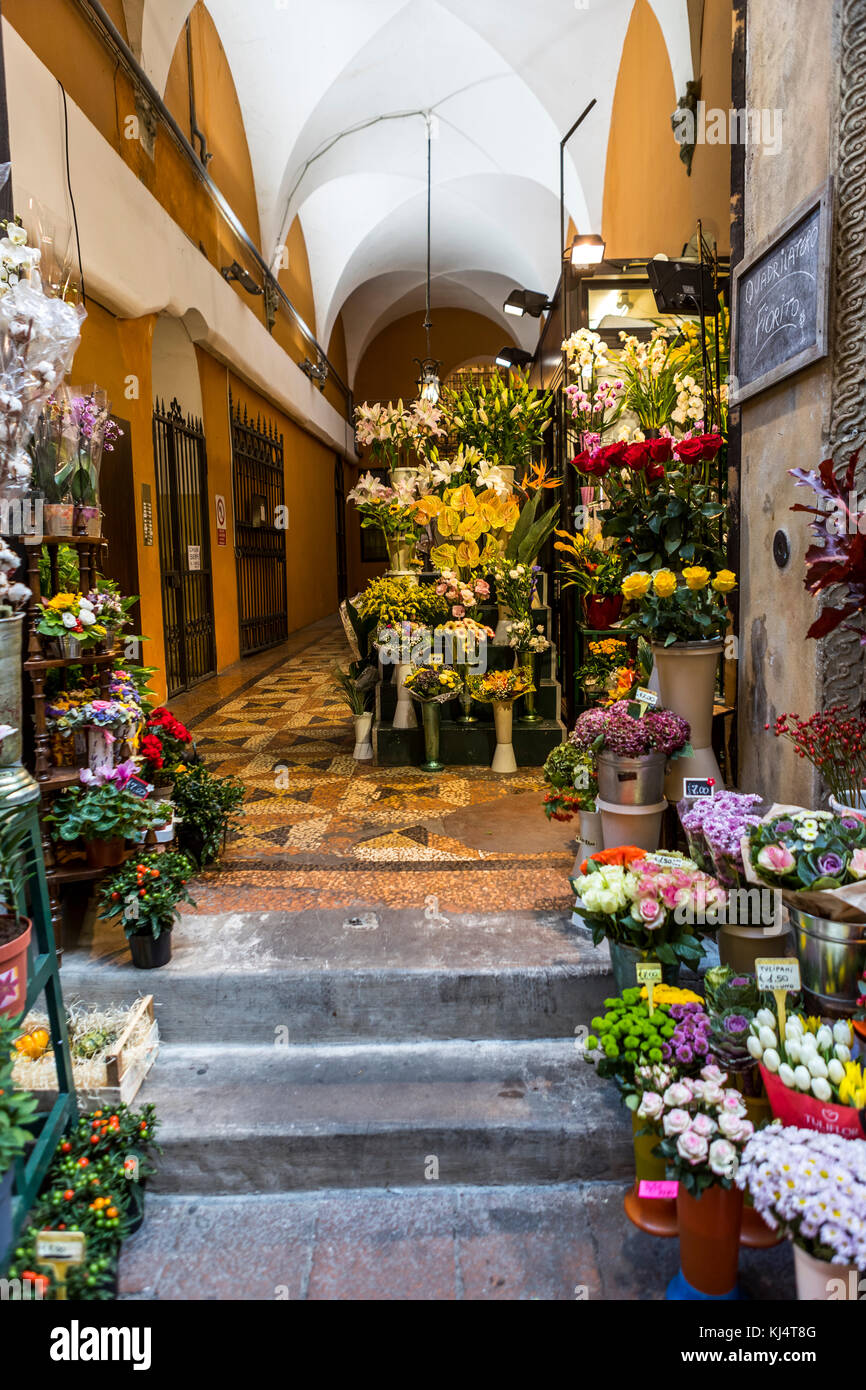 Fleurs colorées à vendre à Visone Chiara florist sur Via Drapperie. La vie de la ville de Bologne, en Italie. Banque D'Images