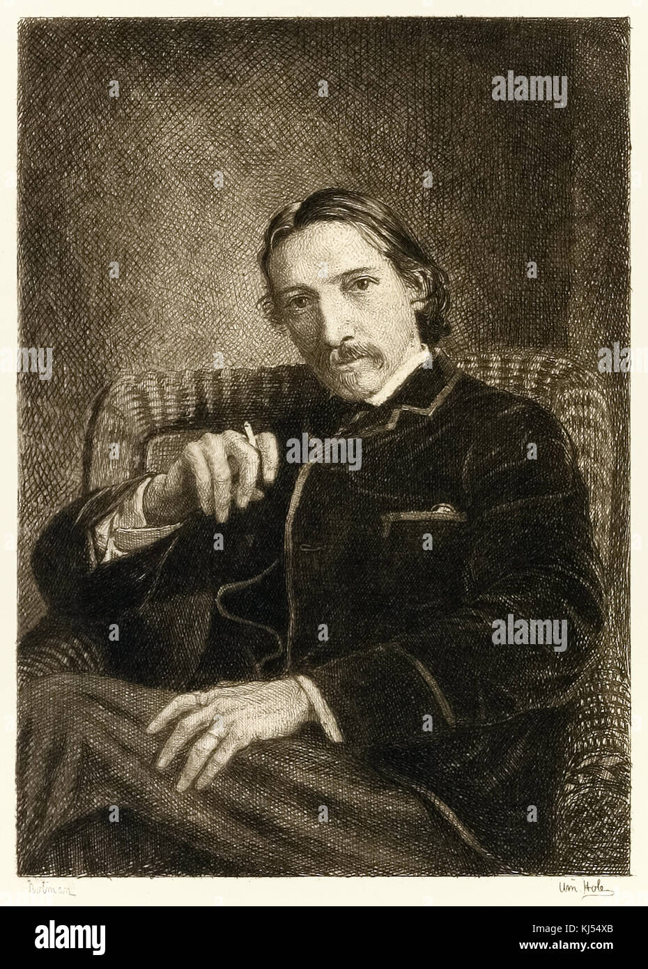 Robert Louis Stevenson (1850-1894), auteur britannique surtout connu pour ses livres à succès 'Treasure Island', 'kidnappé' et la 'étranges cas du Dr Jekyll et Mr Hyde." Illustration par William Brassey trou (1846-1917). Banque D'Images