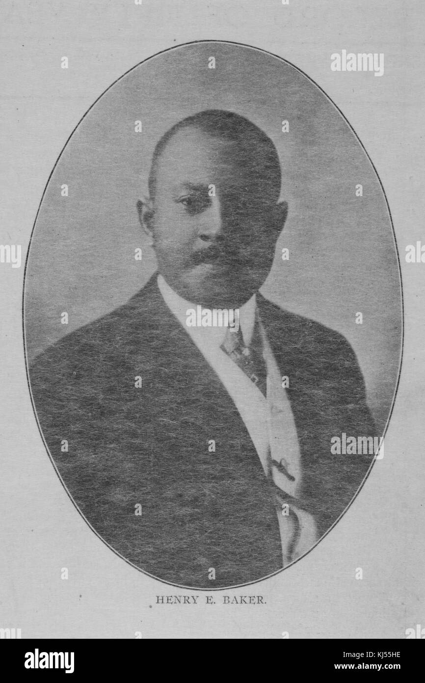 Portrait de Henry E Baker, il est le troisième Afro-américain à être admis à l'Académie navale des États-Unis, il a ensuite travaillé jusqu'au deuxième assistant examinateur de l'Office des brevets des États-Unis et a raconté l'histoire des inventeurs Afro-américains par plusieurs publications, 1913. De la bibliothèque publique de New York. Banque D'Images