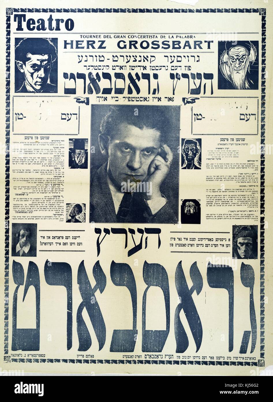 Une affiche pour une représentation théâtrale yiddish, écrite principalement en yiddish, mais quelques détails sont fournis en espagnol, la représentation inclura Herz Grossbart, 1900. De la bibliothèque publique de New York. Banque D'Images