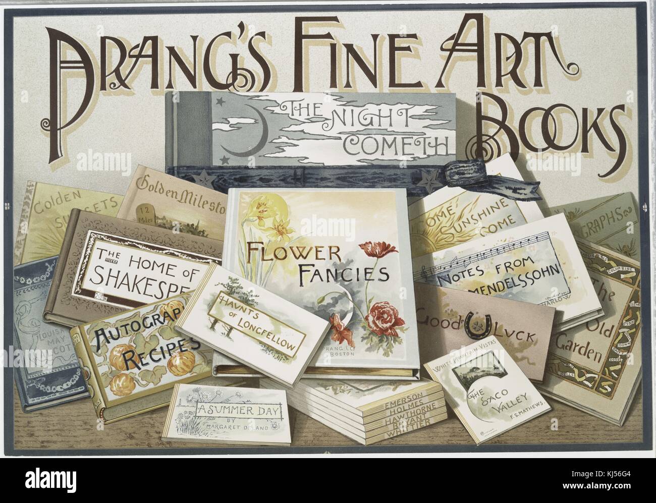 Une illustration qui sert de publicité pour les livres d'art de Prang, l'illustration présente plus d'une douzaine de titres différents, 'Fleurs' et 'la nuit cometh' sont présentés en évidence, 1900. De la bibliothèque publique de New York. Banque D'Images