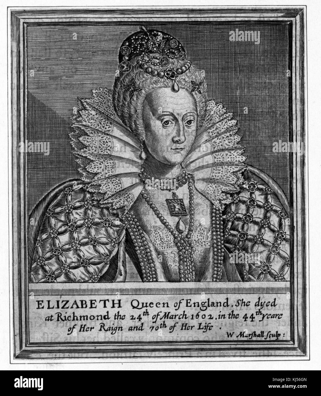 Portrait gravé d'Elizabeth Queen d'Angleterre, sous la coupe de 'Elizabeth Queen d'Angleterre, elle meurt à Richmond le 24 mars 1602, dans la 44e année de son règne et la 70e de sa vie', par William Marshall, 1880. De la bibliothèque publique de New York. Banque D'Images