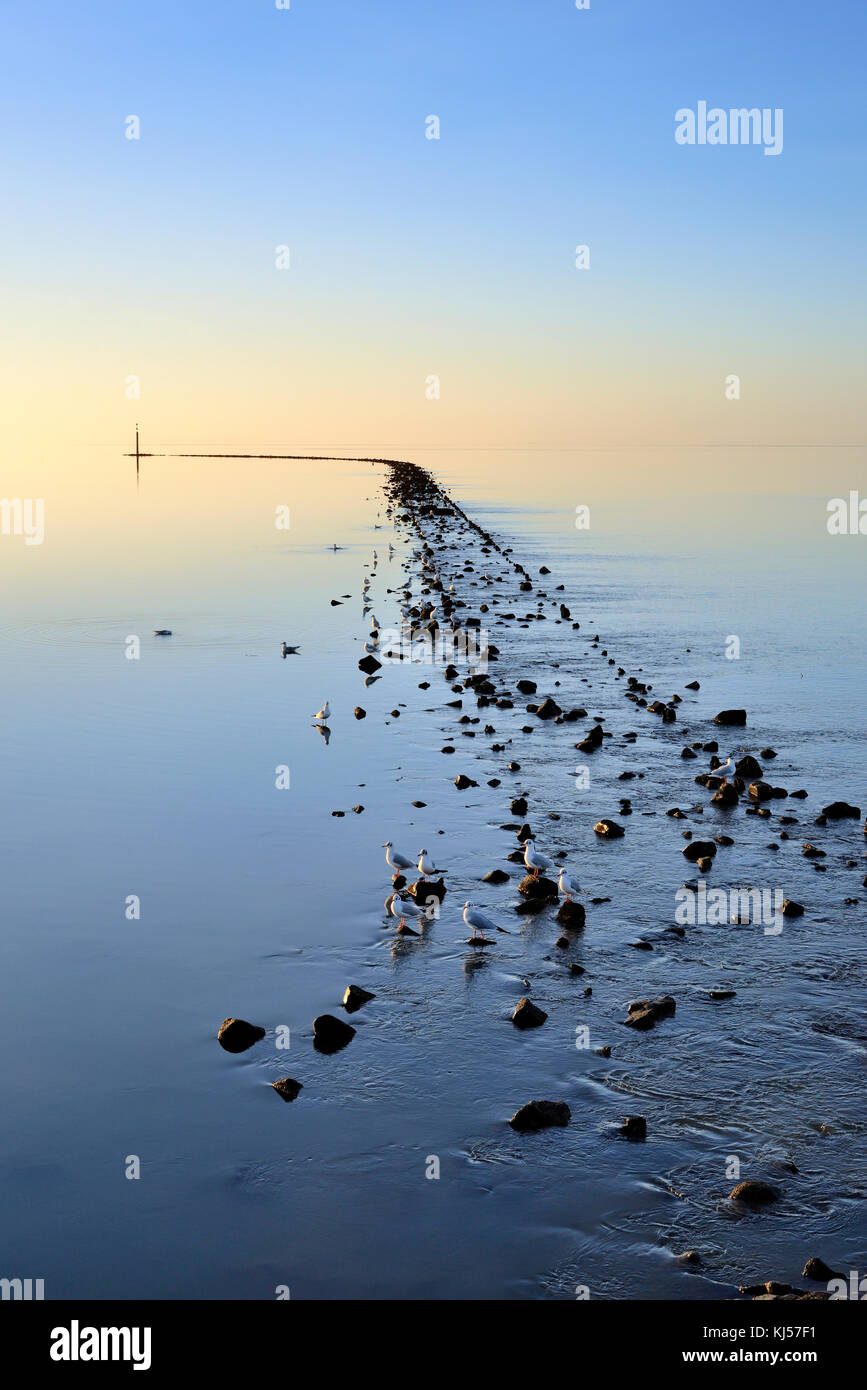 Plate-forme en pierre avec des bornes dans le calme de la mer du Nord, Norden, Basse-Saxe, Allemagne Banque D'Images