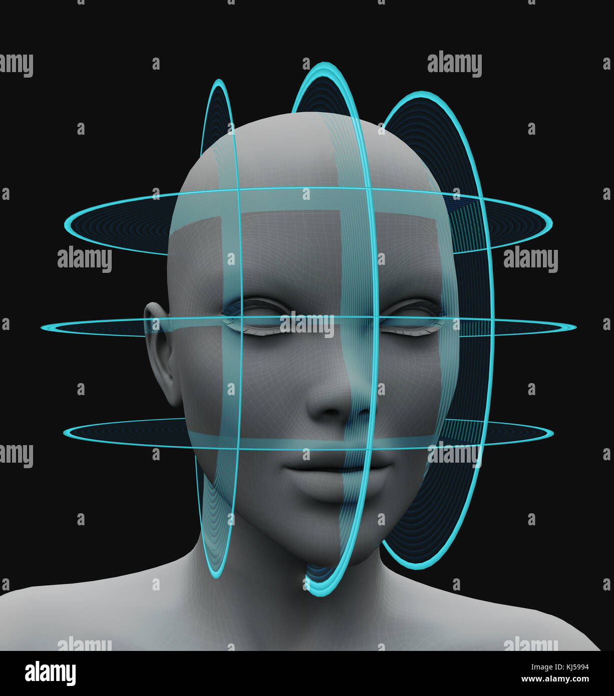 Reconnaissance faciale numérisation sphérique sans cheveux. Le rendu 3D Banque D'Images