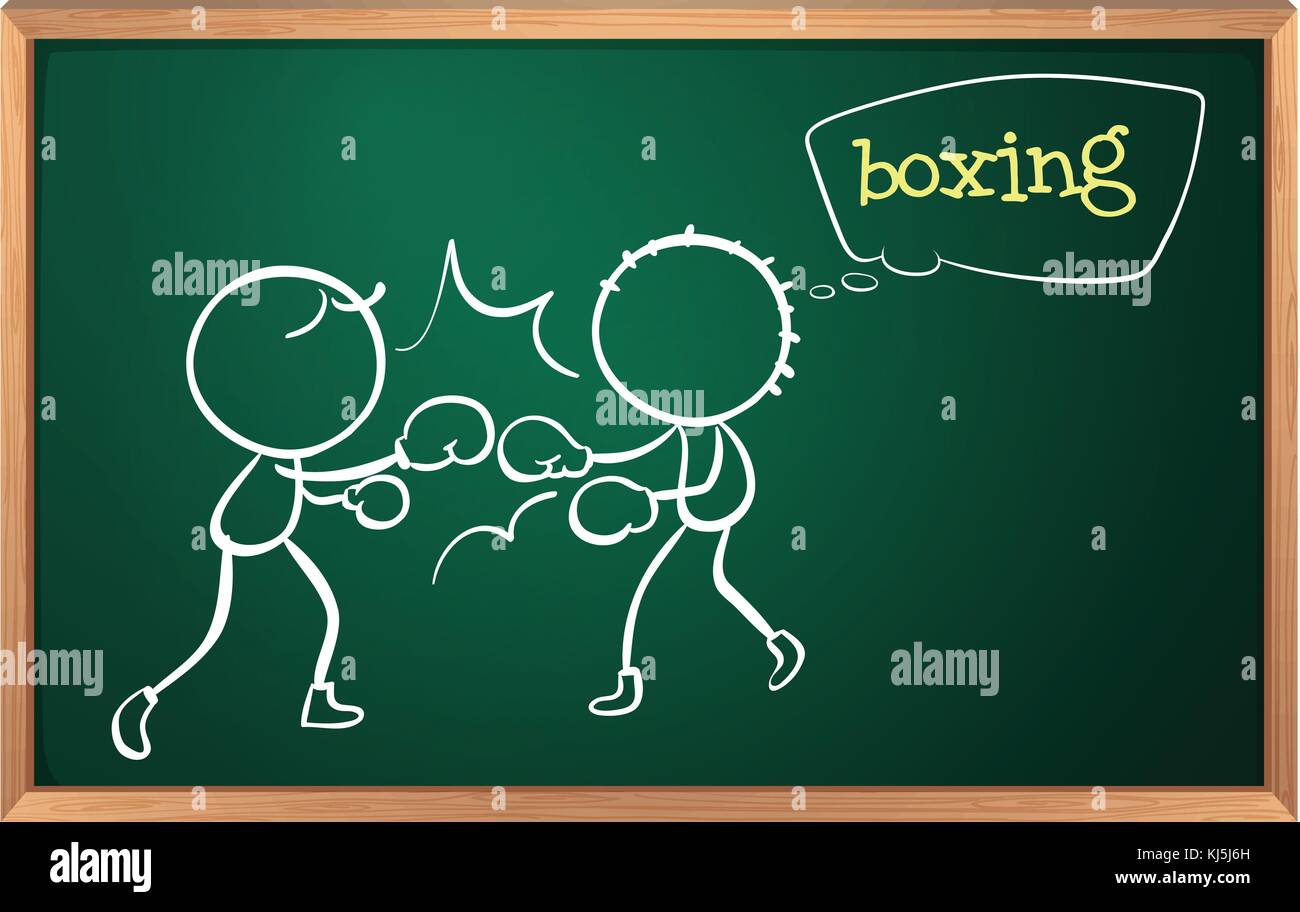 Illustration d'un tableau noir avec un dessin de deux garçons jouant boxe sur un fond blanc Illustration de Vecteur