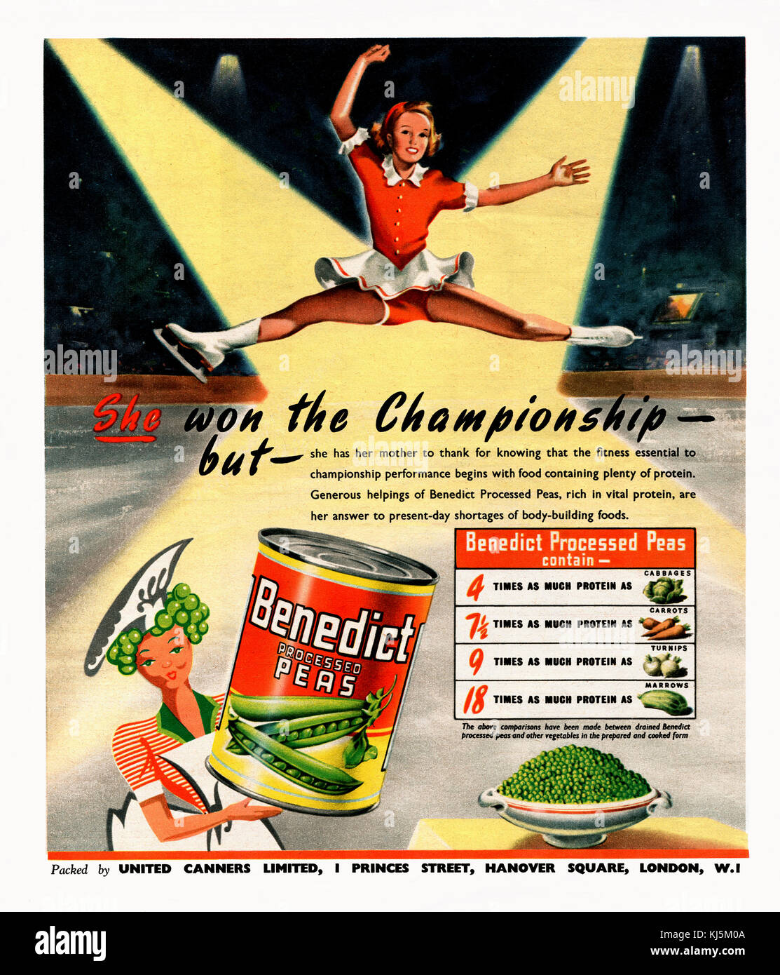 Publicité dans le magazine 1947 pour Benedict Processed Peas. Les pois ont été produits par United Canners de Londres. La publicité présente une illustration d'un patineur sur glace et favorise la teneur en protéines des pois Banque D'Images