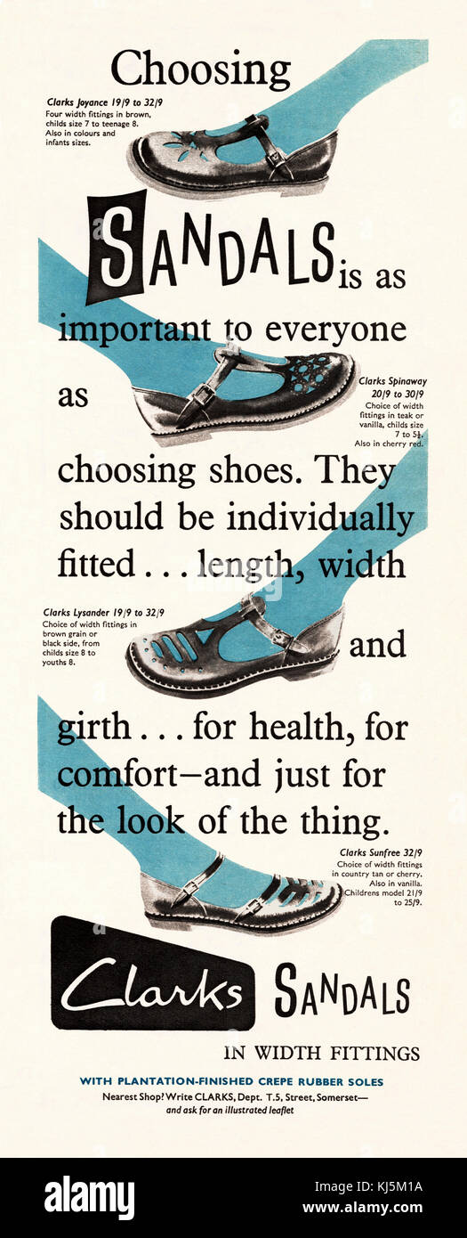 Dans une publicité pour enfants Clarks sandales. Il est apparu dans un  magazine publié au Royaume-Uni en 1959. La société a développé un système  de mesure du pied pour les enfants, s'assurer