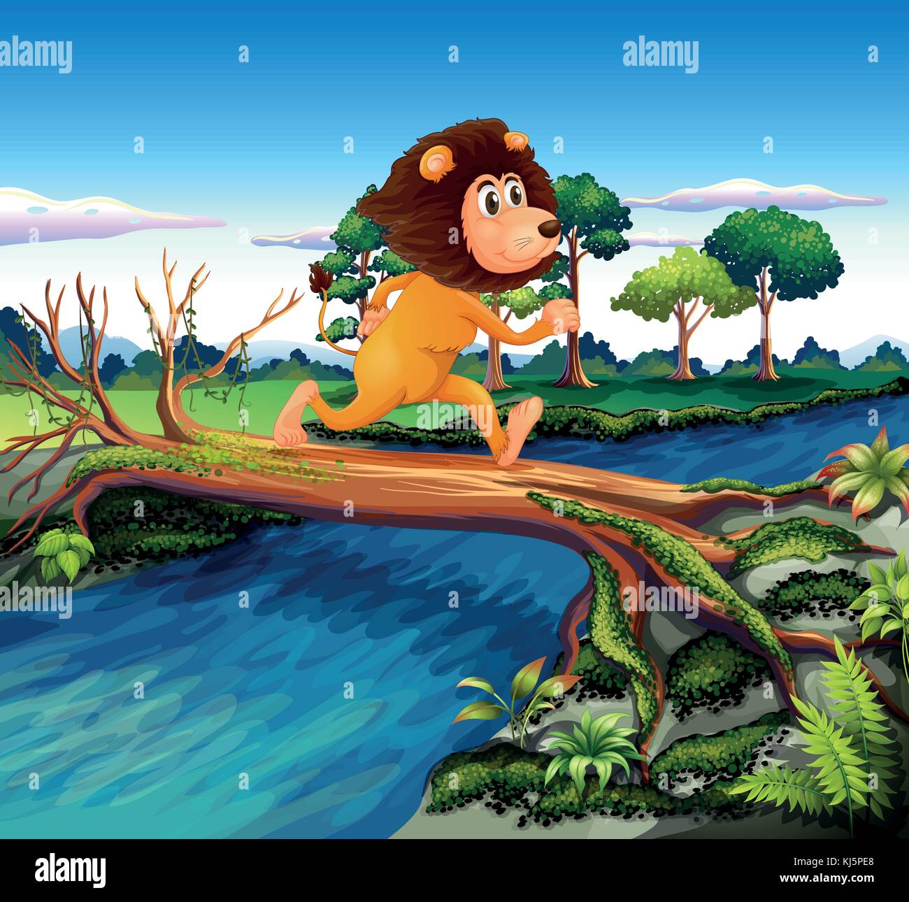 Illustration d'un lion tournant en traversant la rivière Illustration de Vecteur