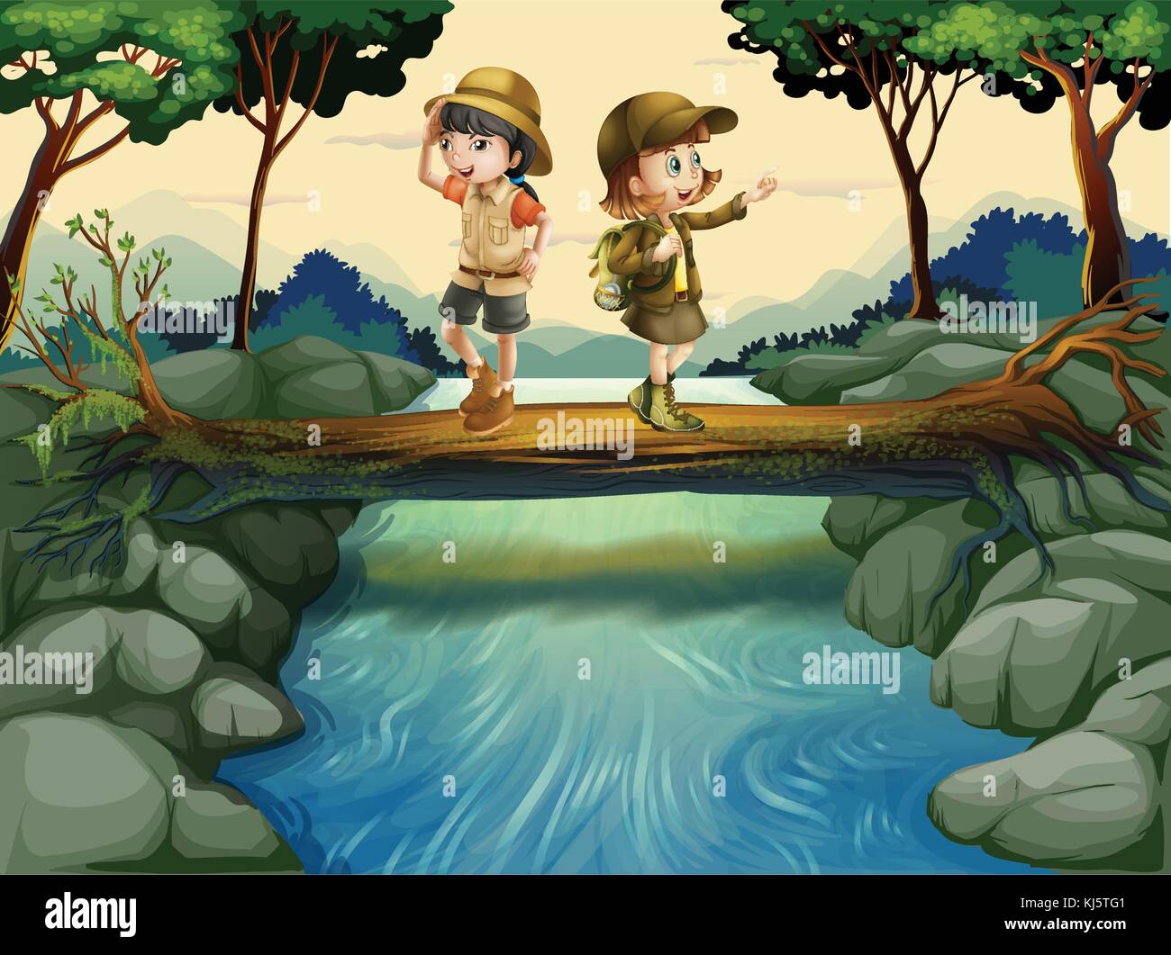 Illustration des deux enfants de traverser la rivière Illustration de Vecteur