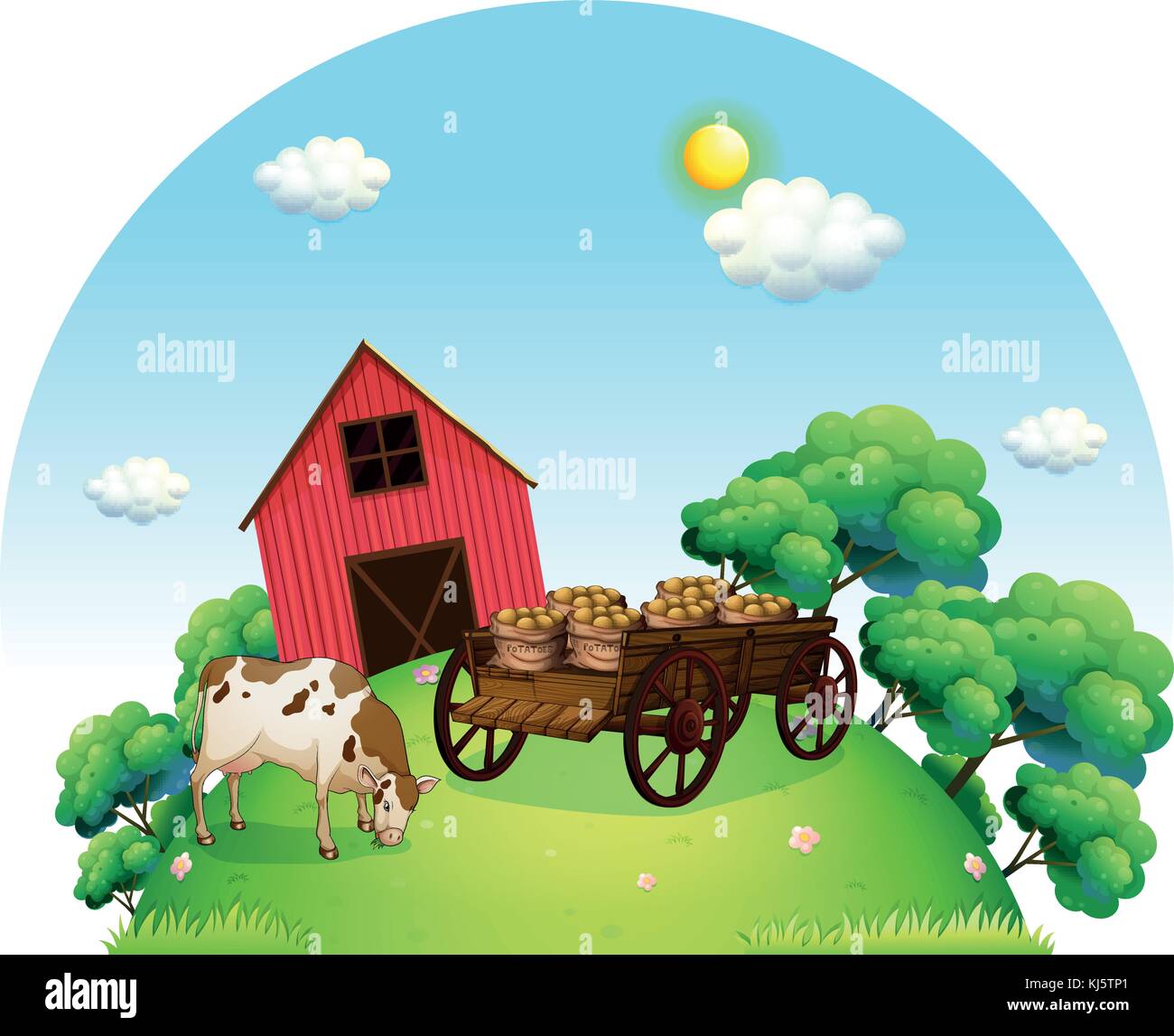 Illustration d'une vache et d'un chariot à l'avant d'une grange à la ferme sur un fond blanc Illustration de Vecteur