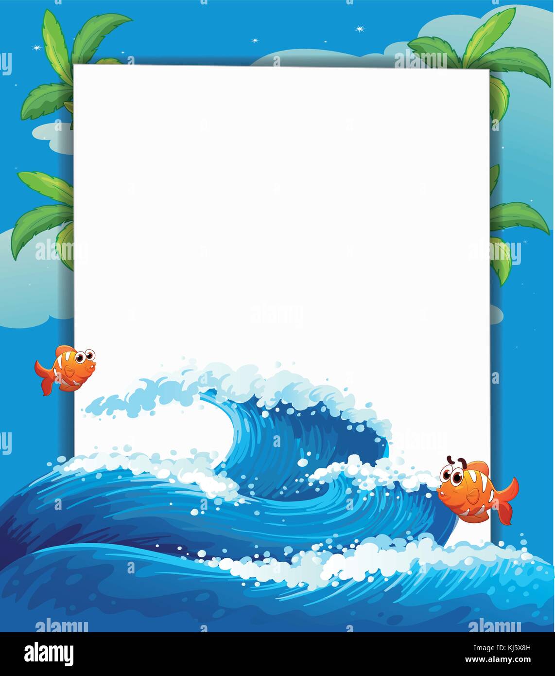 Illustration d'une signalisation vide avec la grosse vague et poissons Illustration de Vecteur