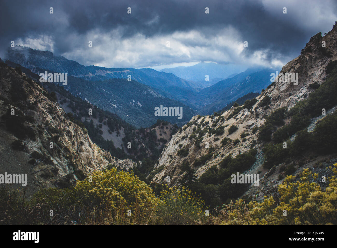 Vaste canyon sur un jour nuageux dans l'Angeles National Forest le long de la pittoresque Angeles Crest Scenic Byway, Californie Banque D'Images