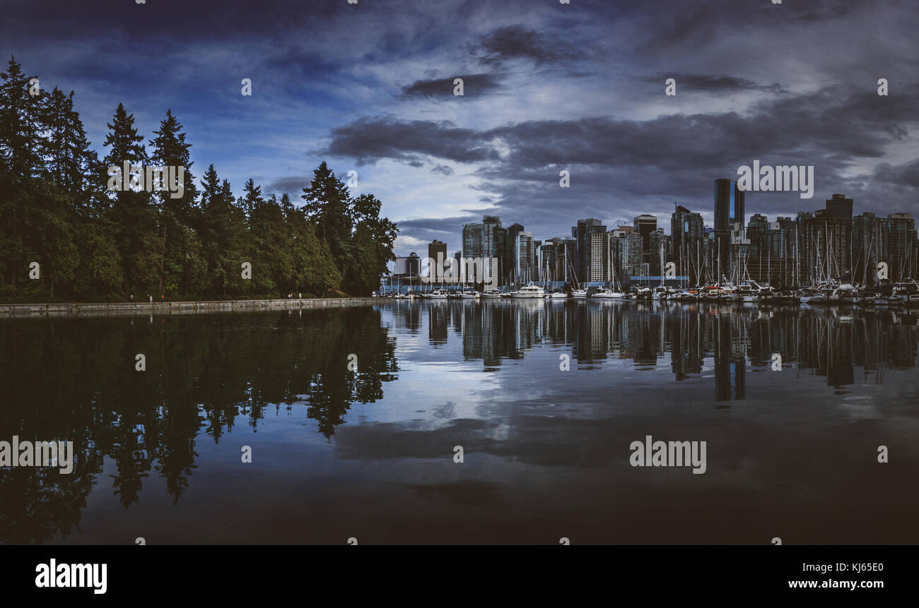 Vue imprenable sur les toits de la ville de Vancouver et du parc Stanley, arbres à heure bleue avec des reflets de Coal Harbour, Vancouver, Colombie-Britannique Banque D'Images