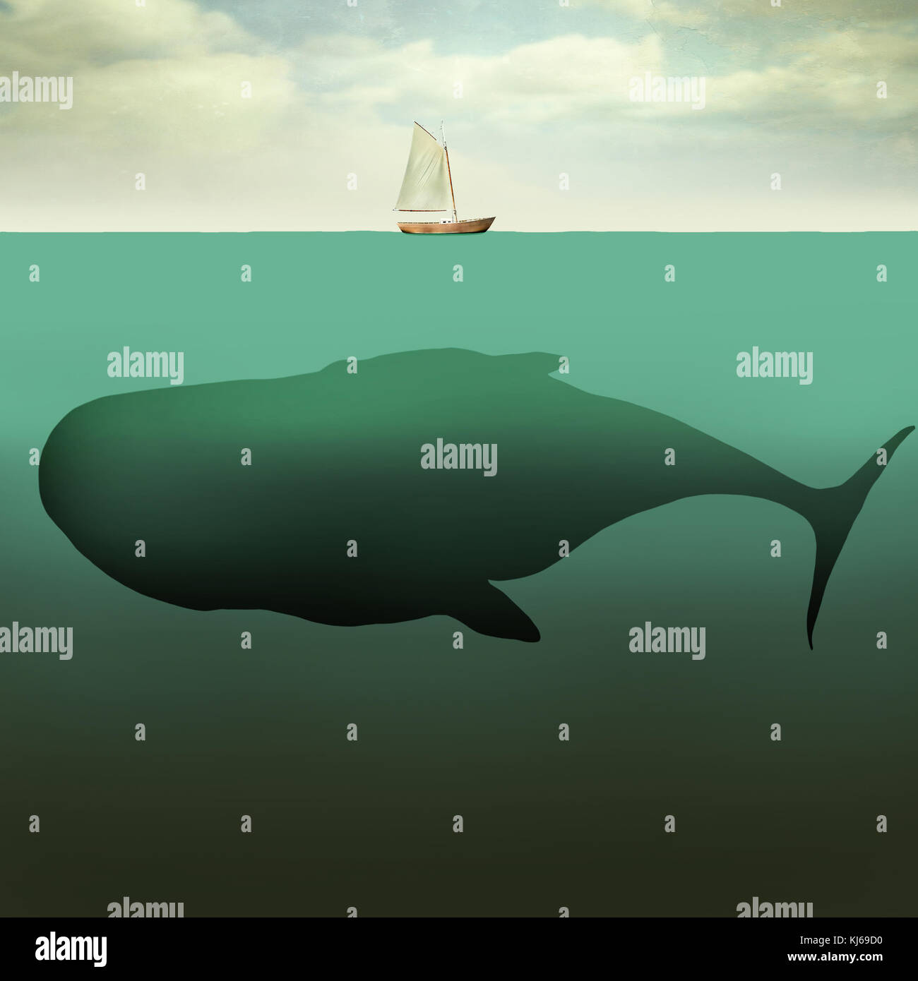 Illustration surréaliste de peu de voilier au milieu de l'océan avec la profondeur de la mer et d'une baleine géante en dessous Banque D'Images