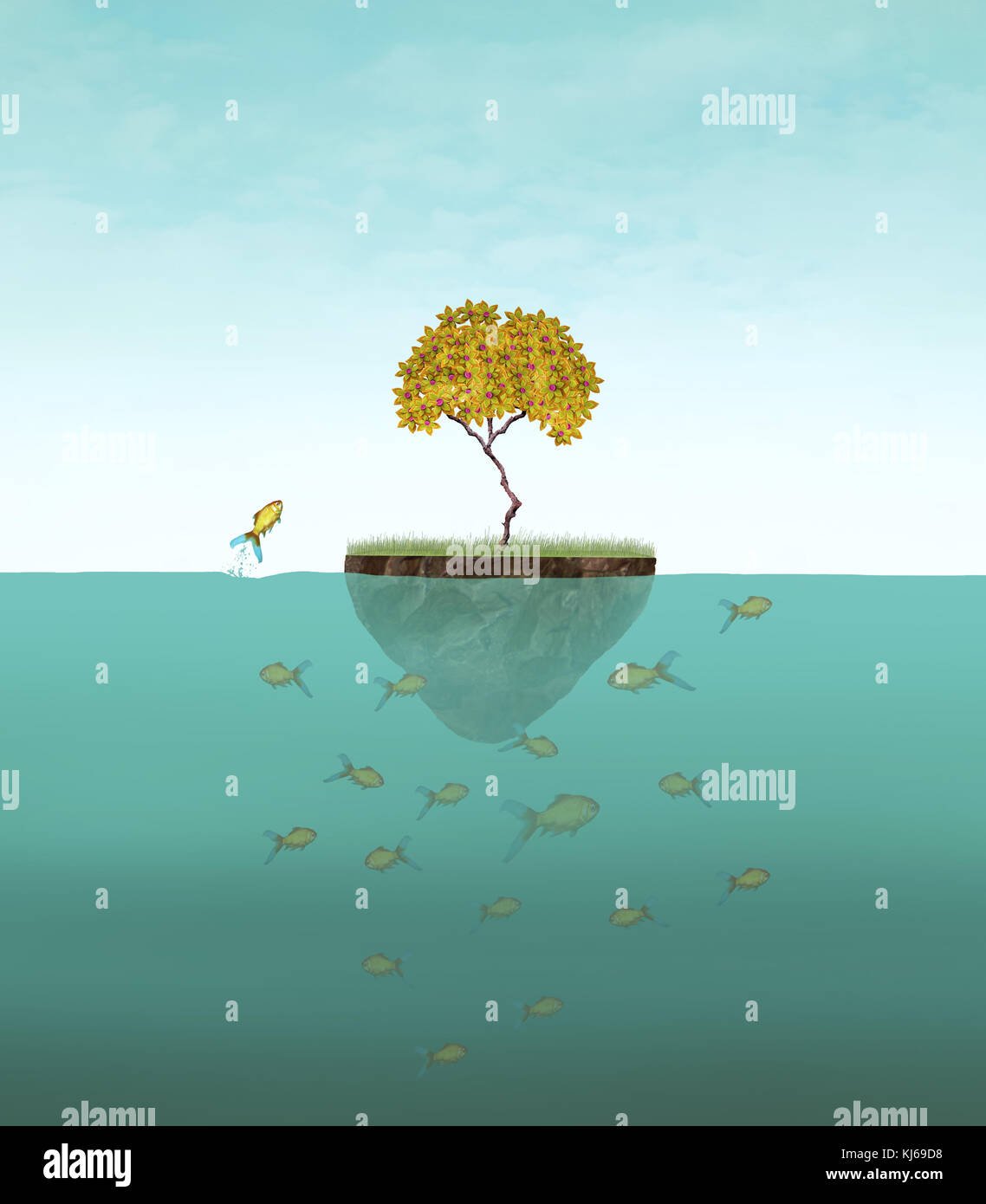 Illustration d'un surréaliste petite île avec un arbre et plusieurs poissons sous l'eau et l'un d'entre eux sautent Banque D'Images