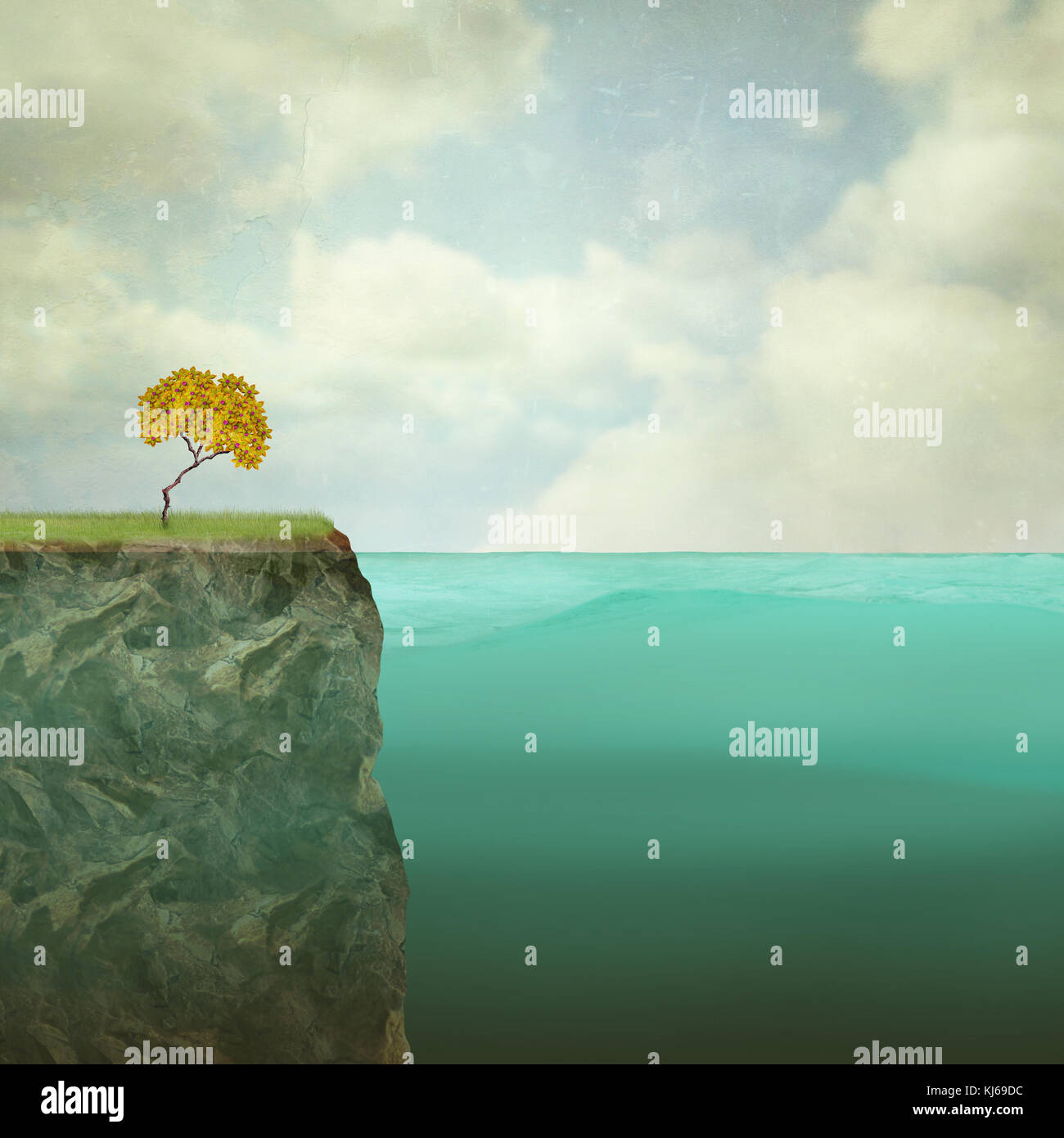 Illustration surréaliste d'un petit arbre perché au sommet de la roche au large Banque D'Images