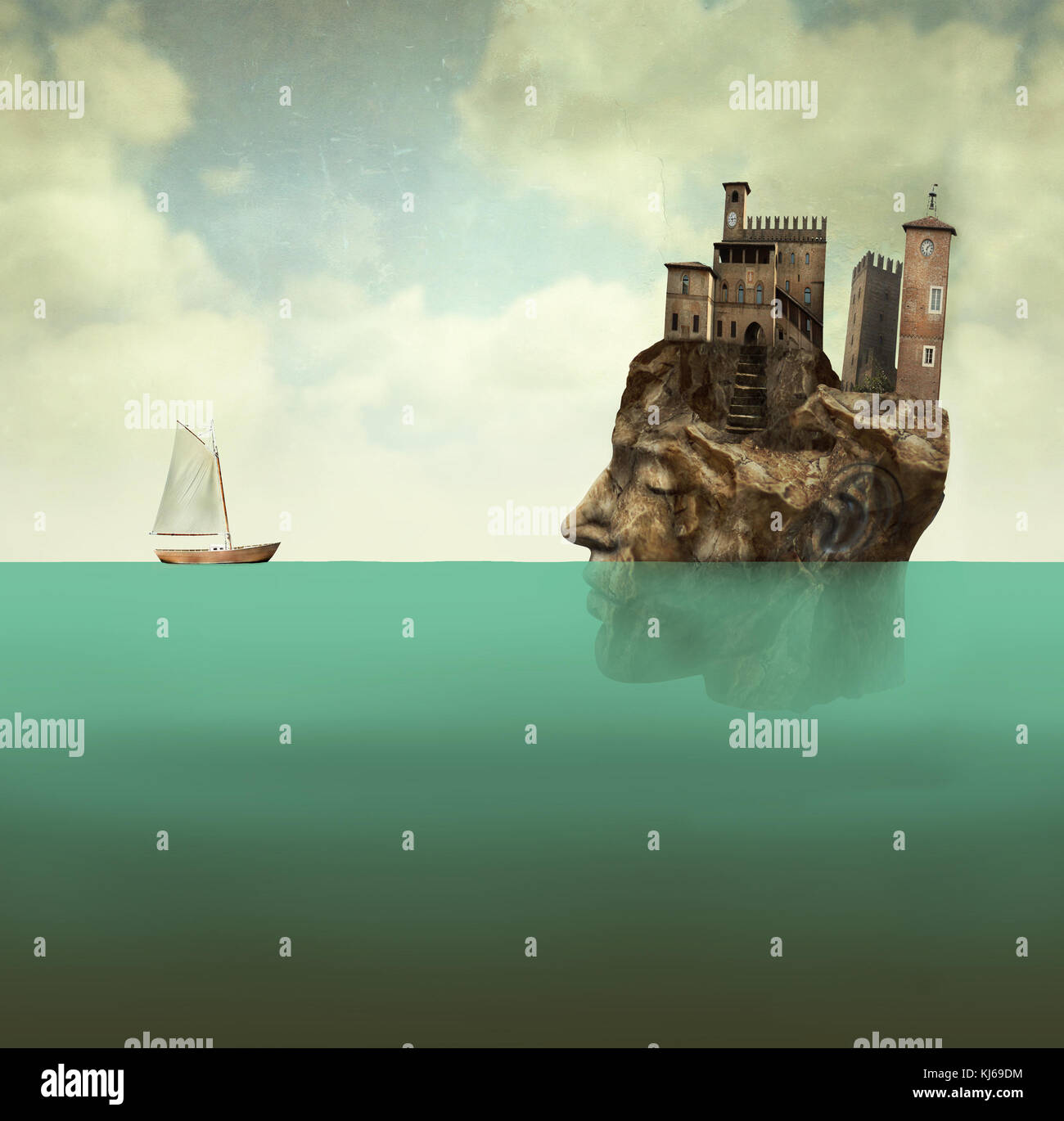 Illustration artistique surréaliste représentant une tête, un visage de profil d'homme en pierre avec des tours anciennes, un village au sommet dans la mer avec un petit Banque D'Images