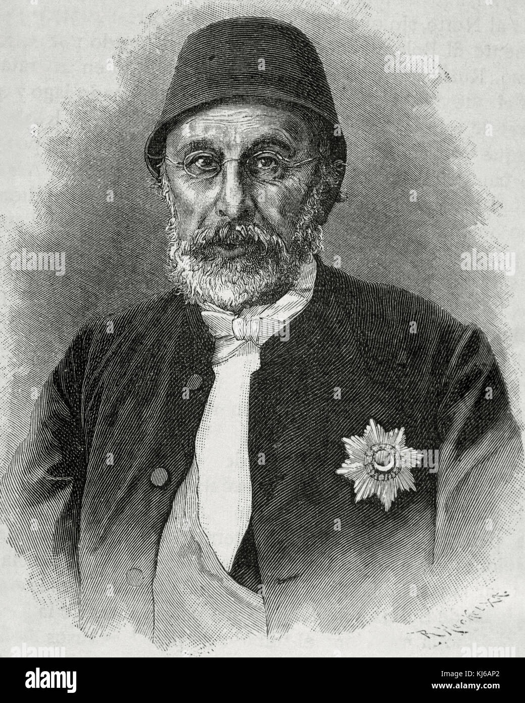 Mehmed Fuad Pacha (1814-1869). Homme d'État ottoman. Grand Vizir de l'Empire Ottoman en 1861. Portrait. Gravure de R. Heckel. Banque D'Images