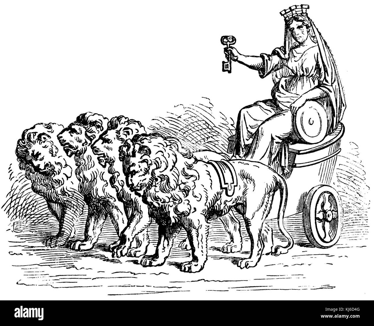 Cybele, grande mère des dieux, dessinée par des lions. Après une pièce de Hadrien (Kybele, große Göttermutter, auf von Löwen gezogenem Wagen. Nach einer Münze des Hadrien) Banque D'Images