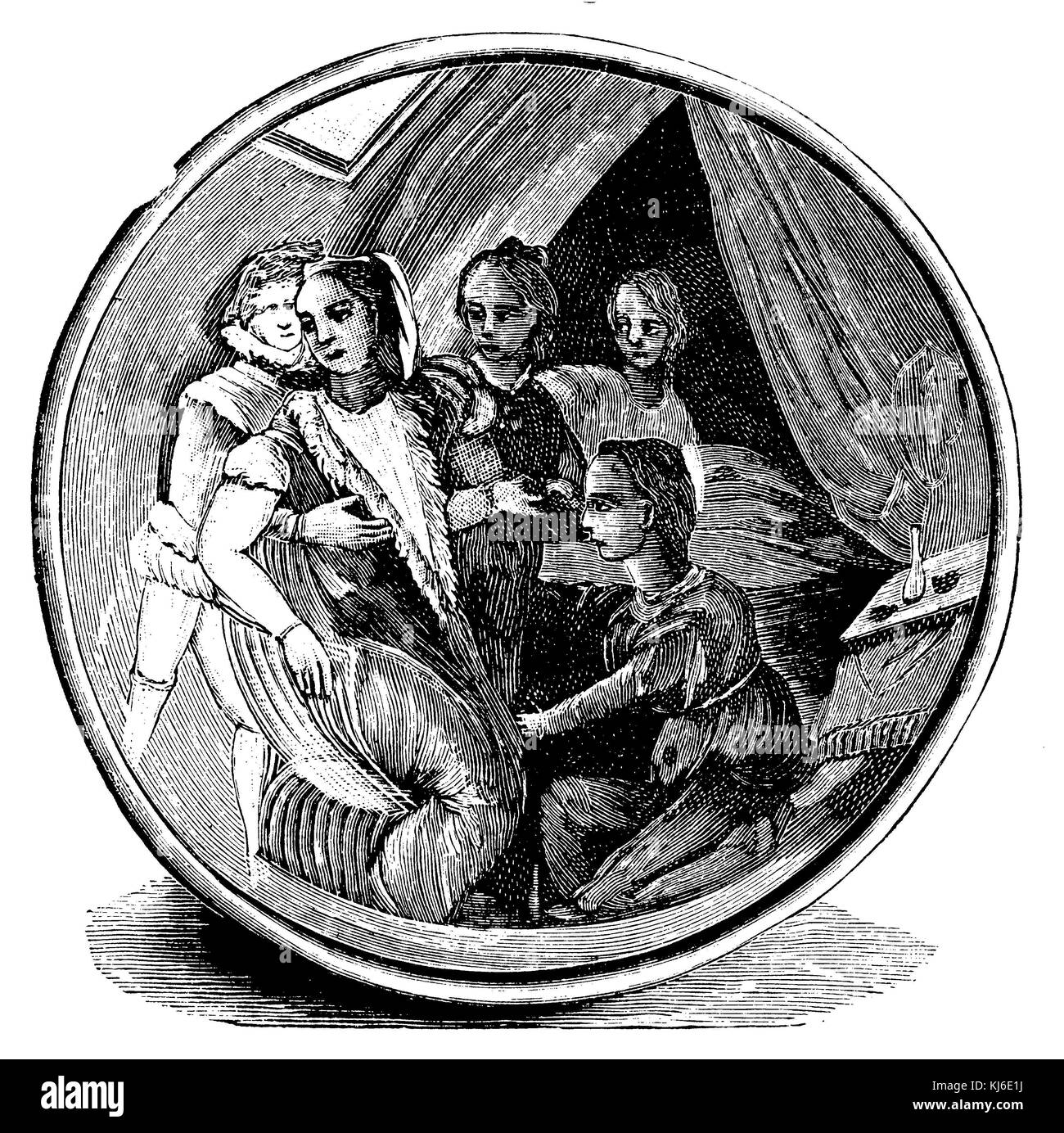 Confinement en position assise, sur un bol, majolica, XVIe siècle d'Urbino. Propriété du Musée royal des arts et de l'artisanat de Berlin (Entbindung im Sitzen, dargestellt auf einer Frauenschale, majolica, des 16). Hotel Alte. Im Besitz des kgl. Kunstgewerbe-Musées à Berlin) Banque D'Images