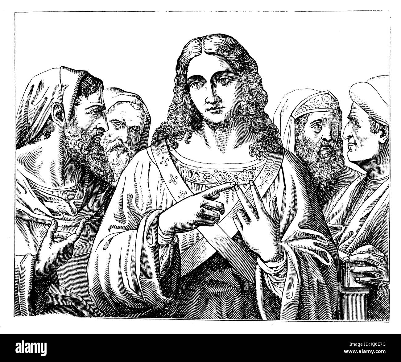 Le christ parmi les scribes. D'après le tableau de Bernardino Luini (christus unter den schriftgelehrten. nach dem gemälde von Bernardino Luini) Banque D'Images