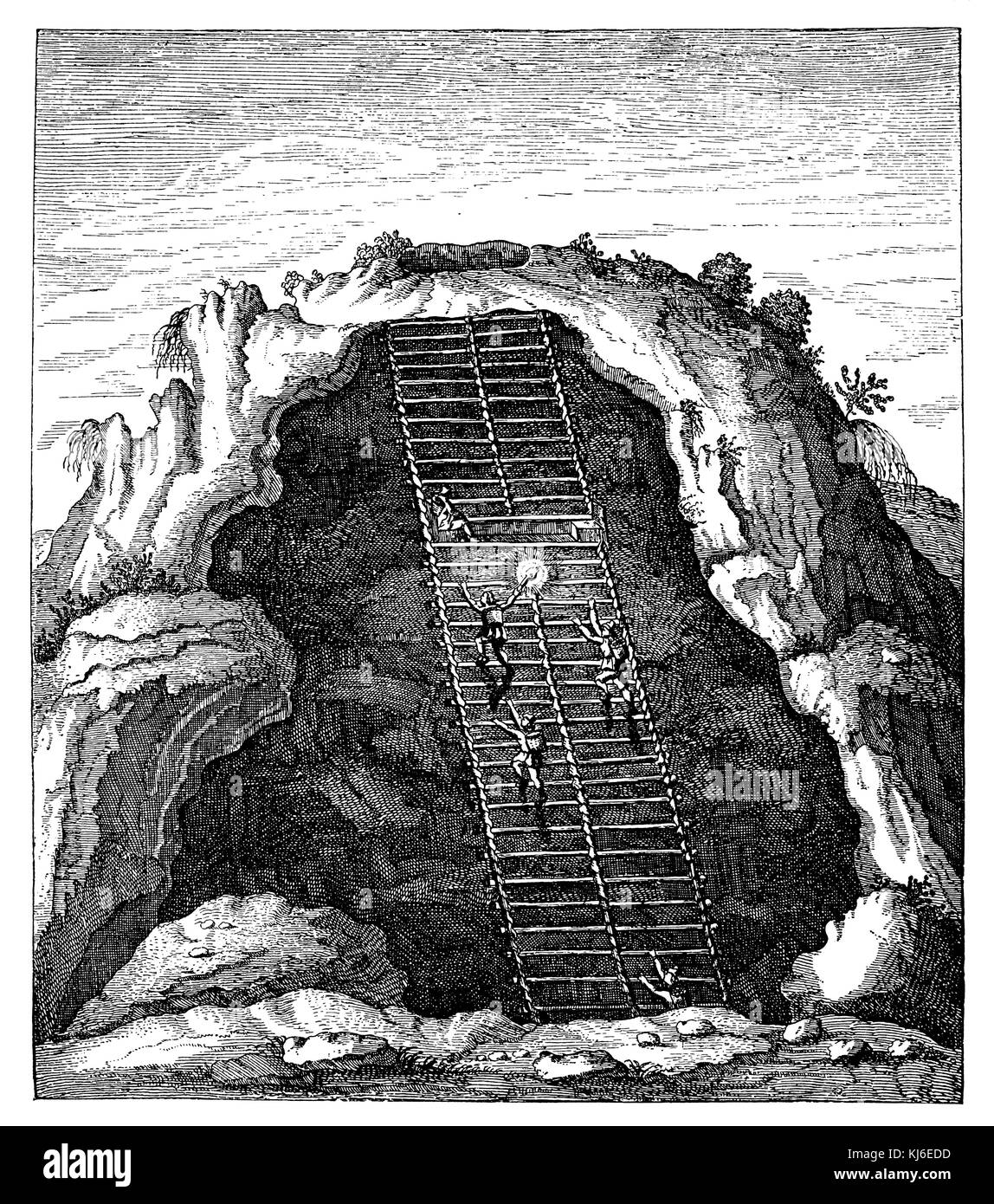 L'entrée dans une vieille mine. par Athanase Kircher, 1665 (professeur à ein altes bergwerk. nach Athanasius Kircher, 1665) Banque D'Images
