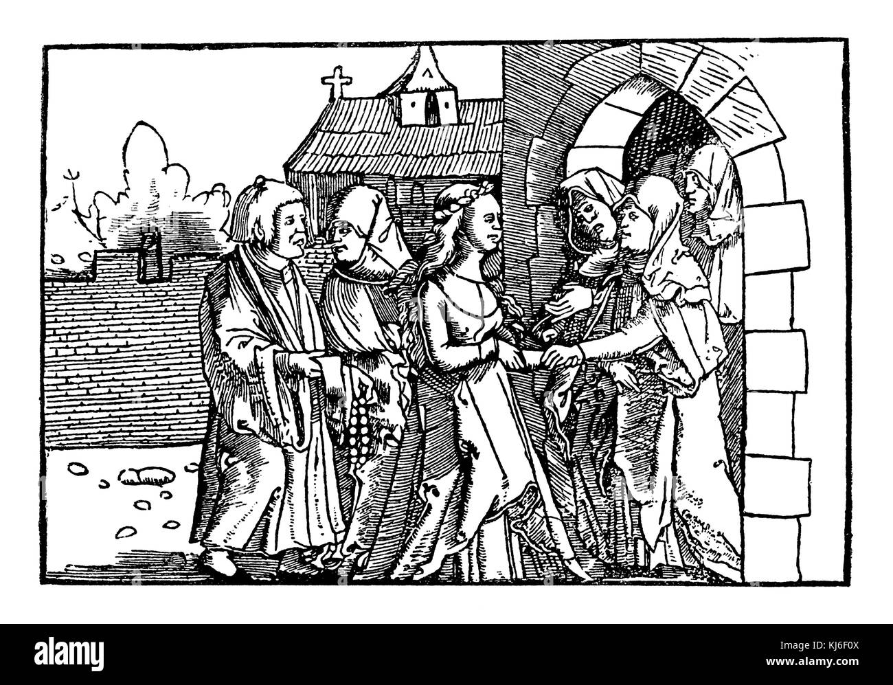 Fille, apportée par ses parents à un monastère. Après une coupe de bois de Geiler de Kaiserspergs livre 'Brösanilein'''' (1517)' (Tochter von ihren Eltern in ein Kloster geführt. Nach einem Holzschnitt aus Geiler von Kaiserspergs Buch ''Brösanilin' (1517)' Banque D'Images