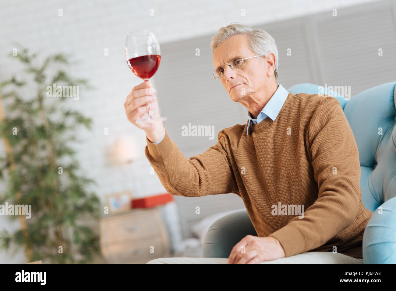 La haute sagesse gentleman looking at Red Wine attentivement Banque D'Images