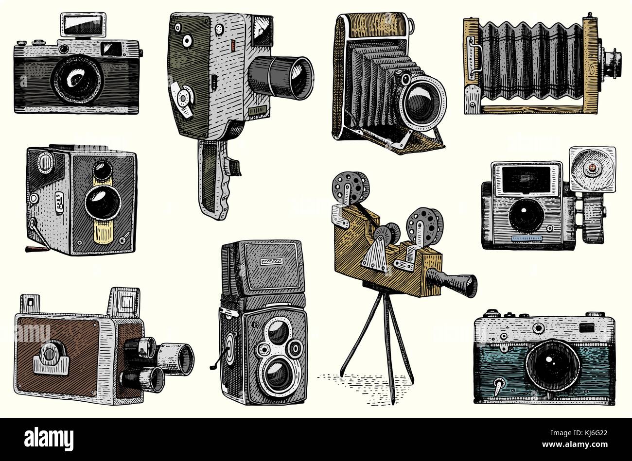 Logo Embleme De La Photo Ou De L Etiquette Video Film Movie Camera A Partir De La Premiere Jusqu A Present Dessine A La Main Gravee Vintage Au Croquis Ou Couper Du Bois De
