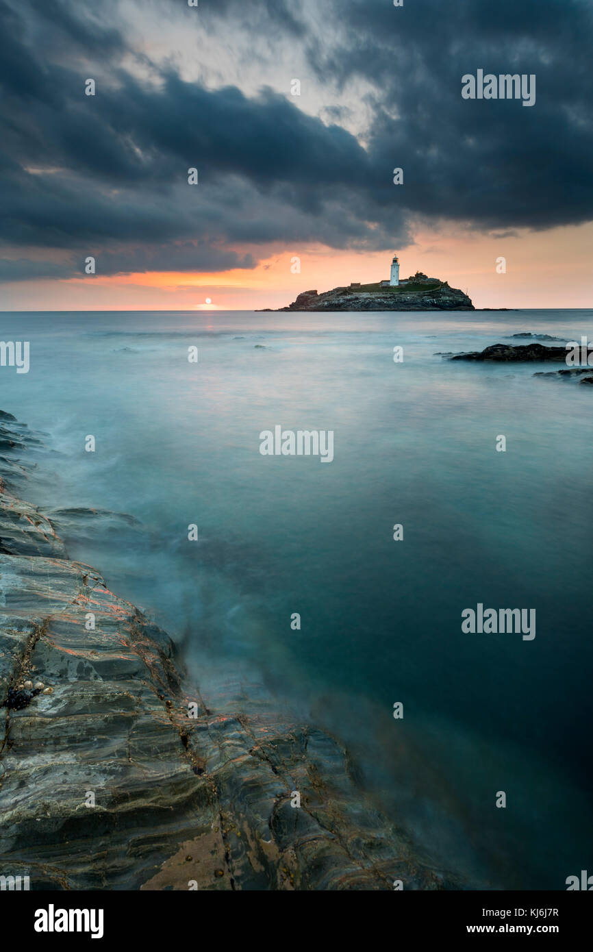 Godrevy ; coucher du soleil ; Cornwall, UK Banque D'Images