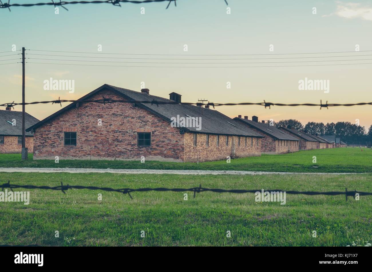 Oswiecim, Pologne - le 29 juillet 2017 : les bâtiments dans le camp de concentration Auschwitz Birkenau à Oswiecim, Pologne. Banque D'Images