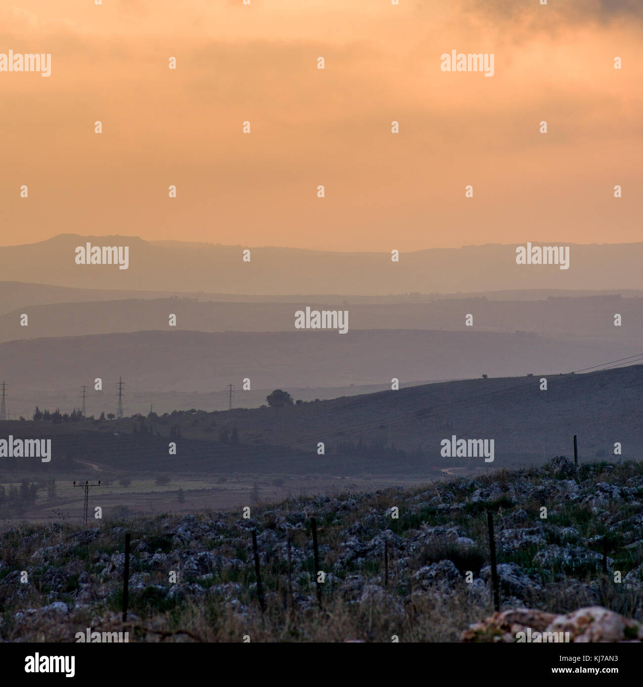 Le lever du soleil sur le paysage, Vered HaGalil, Galilée, Israël Banque D'Images