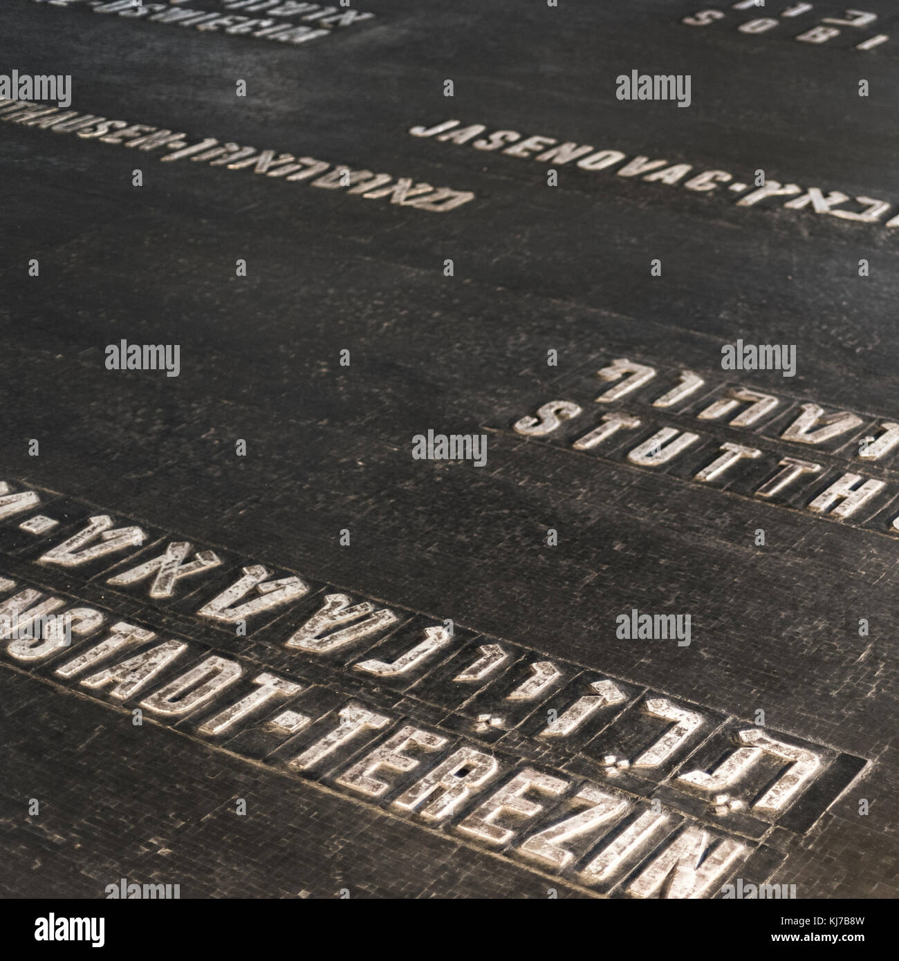 Les noms des martyrs sur marbre dans memorial, Salle du Souvenir, Yad Vashem, Jérusalem, Israël Banque D'Images