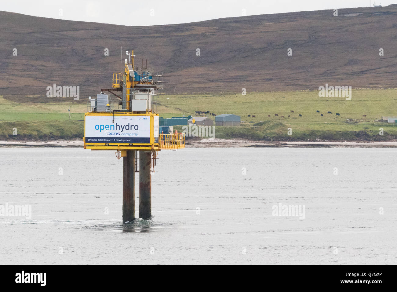 Site d'essai de puissance marémotrice EMEC - essai des turbines de puissance marémotrice dans des conditions de mer réelles pour l'hydroélectricité, chute de Warness, île d'Eday, Orkney, Écosse,ROYAUME-UNI Banque D'Images