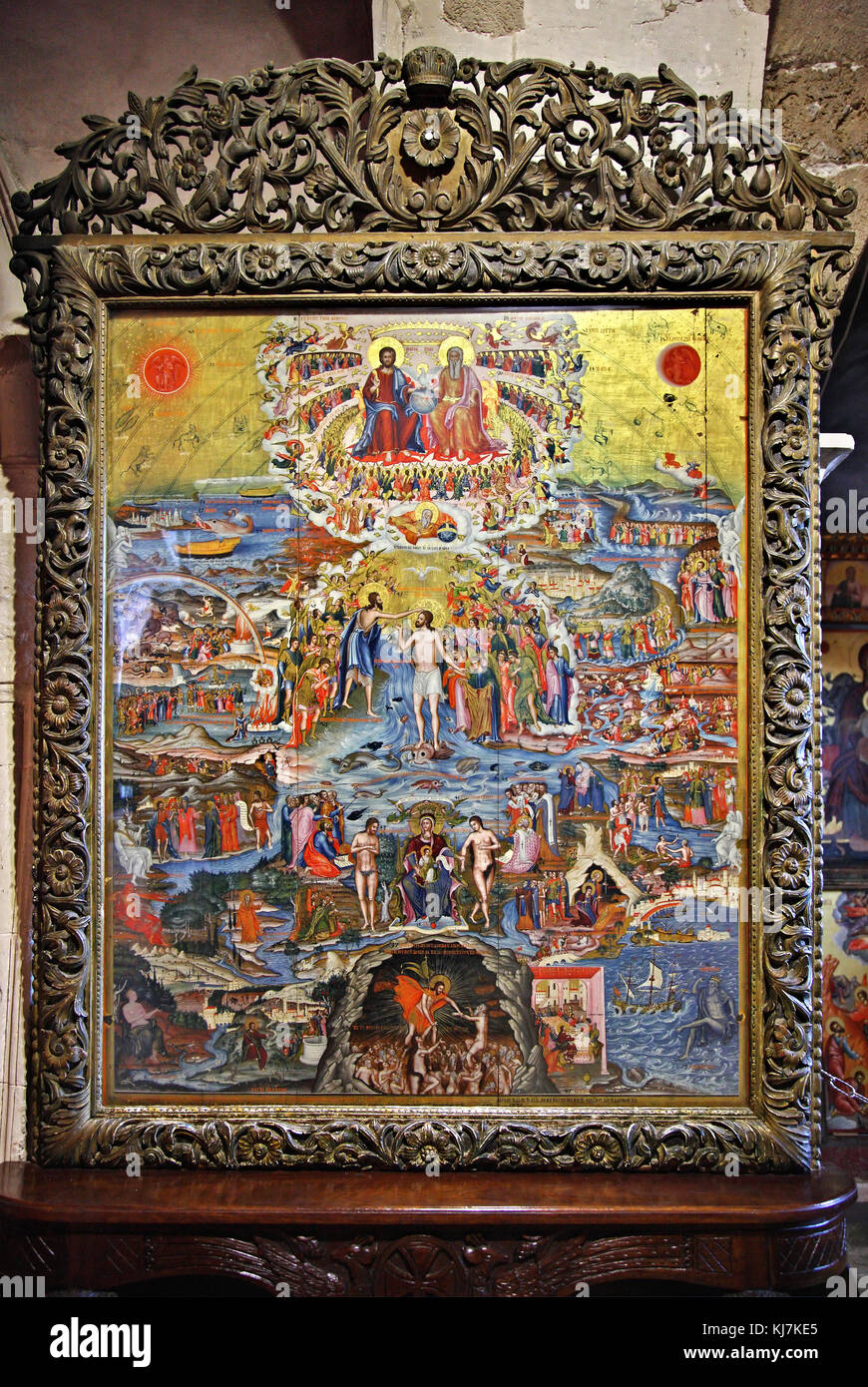 L'icône impressionnante “Grand Art Thou, Seigneur, et merveilleux sont tes œuvres” (1770) par Ioannis Kornaros dans l'église du monastère de Toplou, Crète, Grèce. Banque D'Images