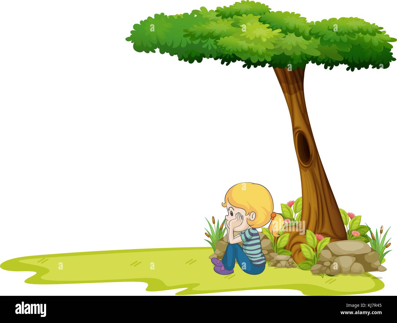 Illustration d'une fille assise sous le grand arbre sur fond blanc Illustration de Vecteur