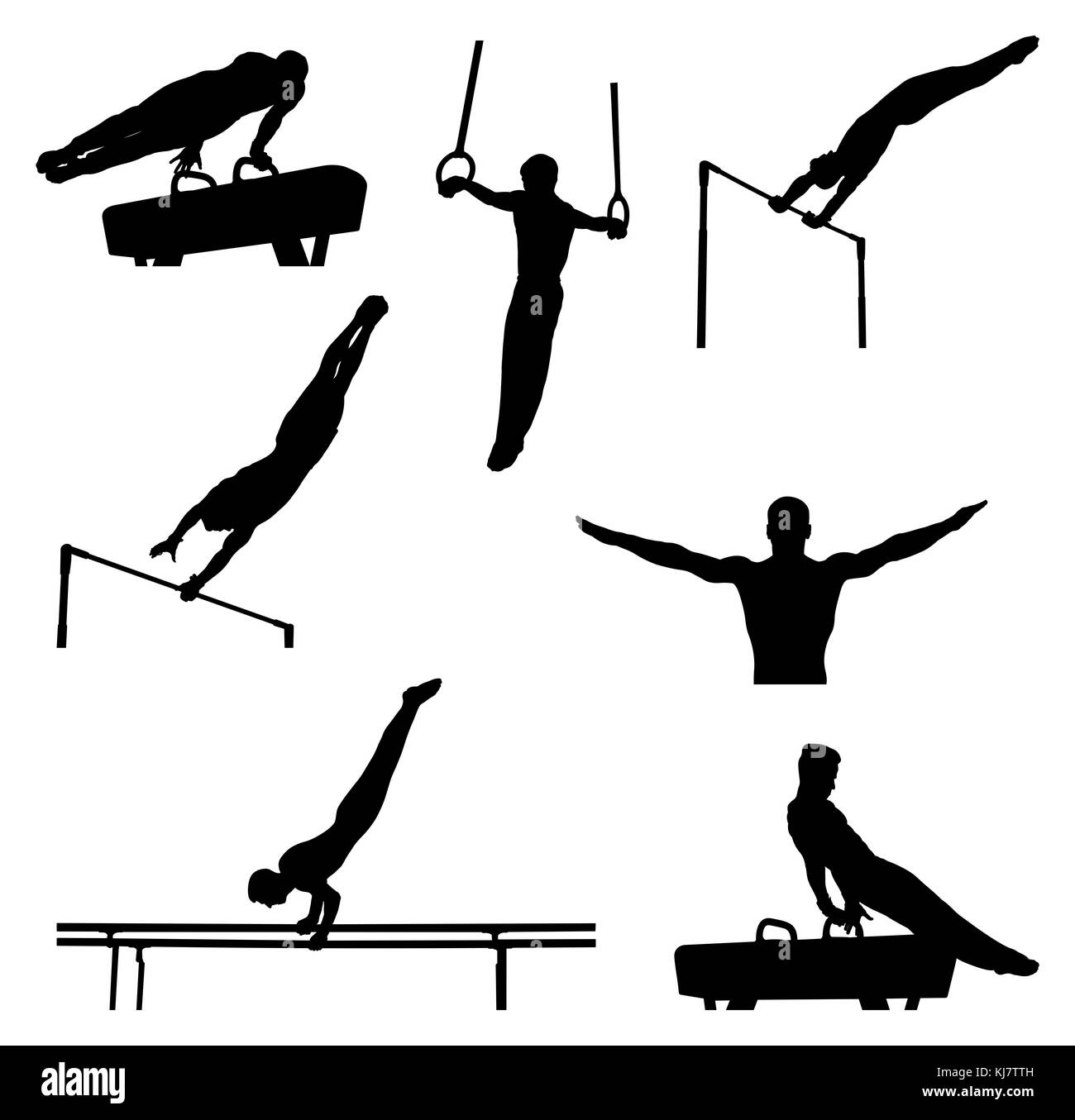 Définir les athlètes hommes gymnastes en gymnastique artistique silhouette Banque D'Images