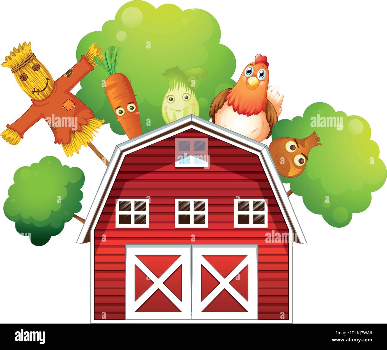 Illustration d'une grange avec un poulet et fruits à l'arrière sur un fond blanc Illustration de Vecteur