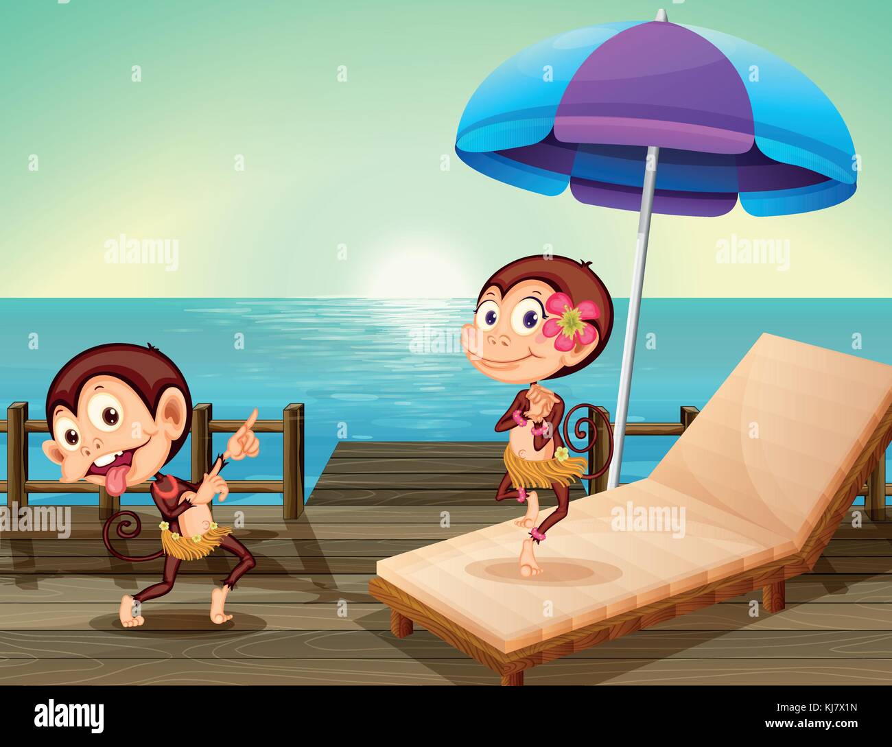 Illustration des deux singes au pont de bois Illustration de Vecteur