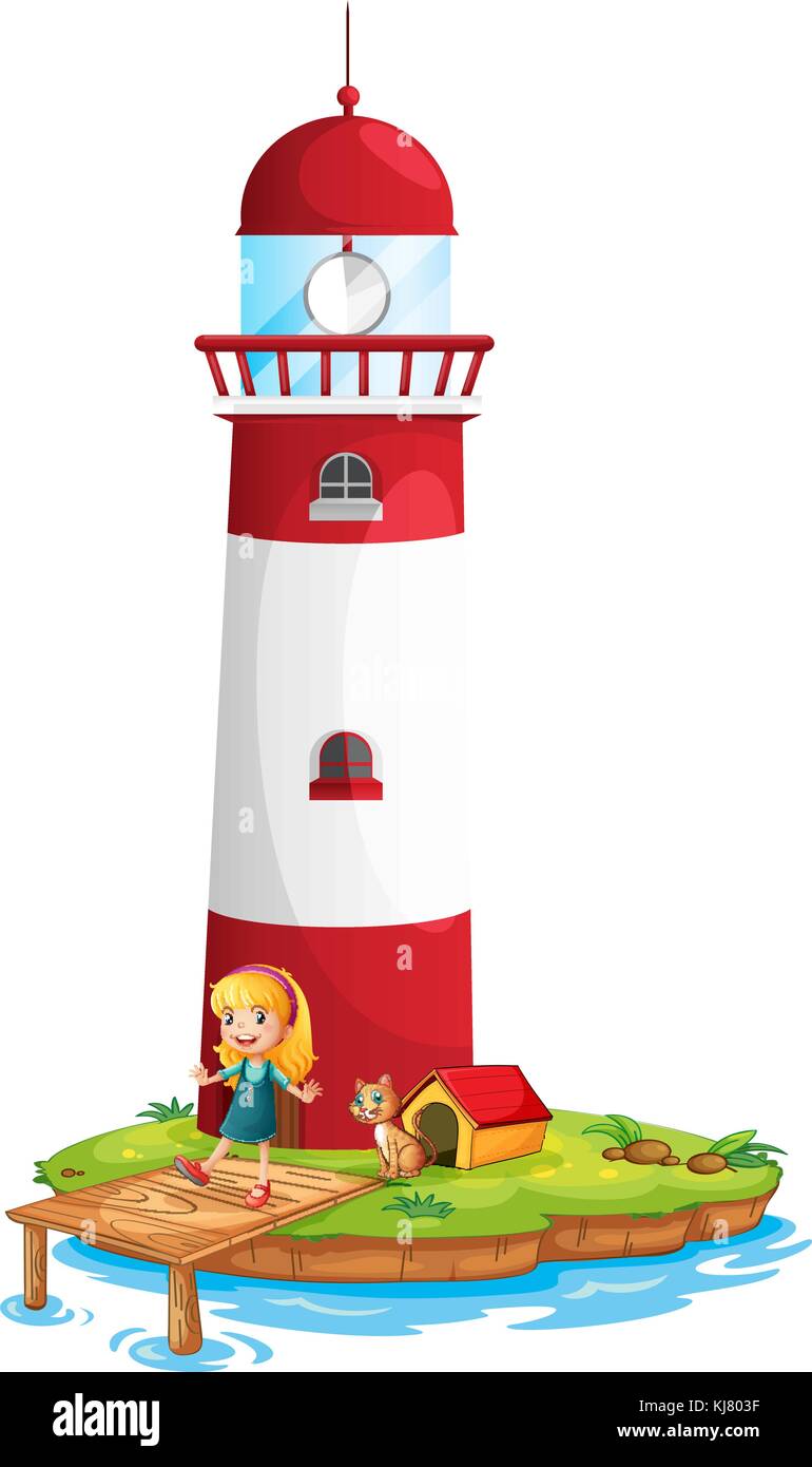 Illustration d'une jeune fille et son chat près de la tour sur un fond blanc Illustration de Vecteur