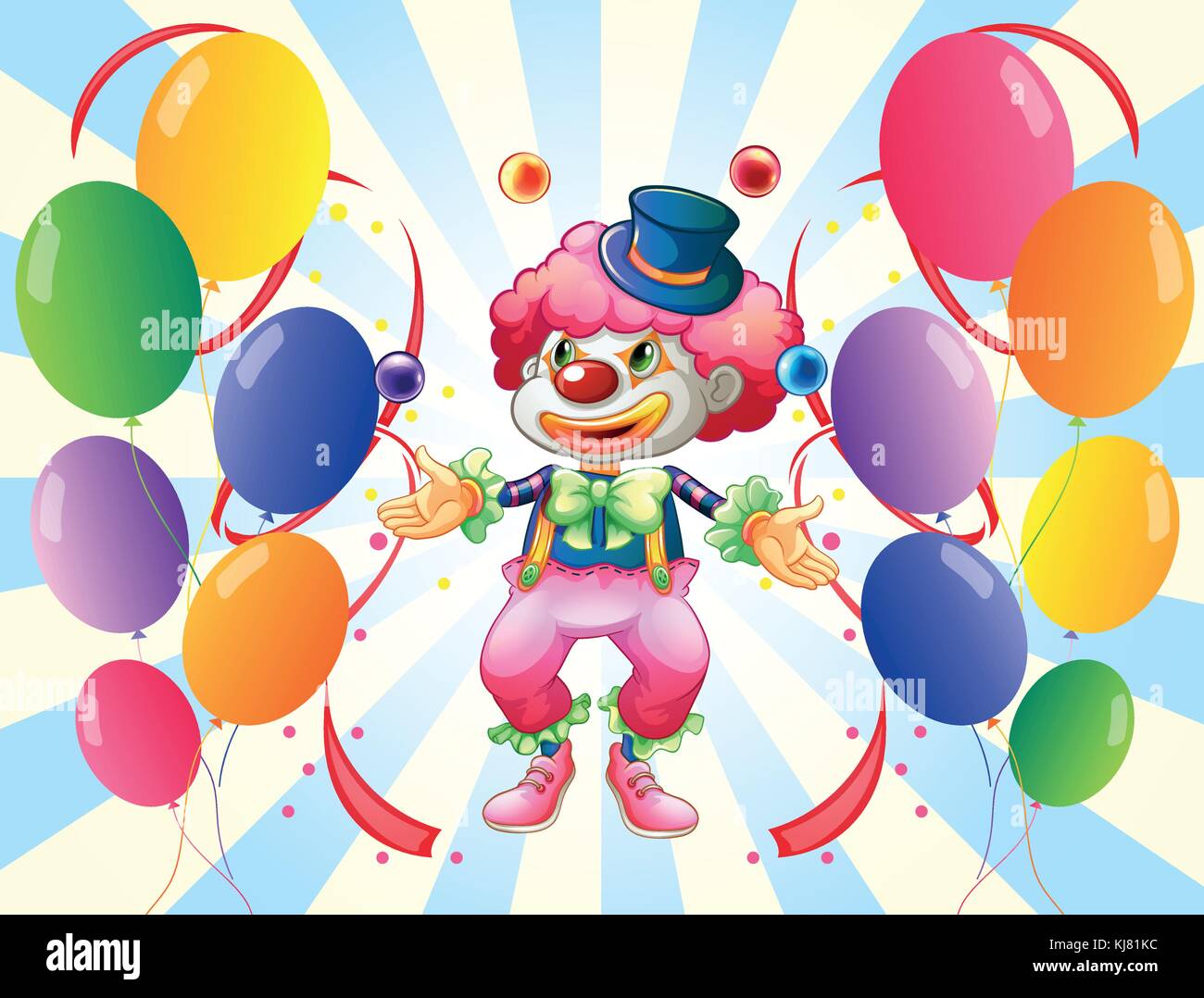 Illustration d'un clown avec un costume coloré entouré par des ballons Illustration de Vecteur