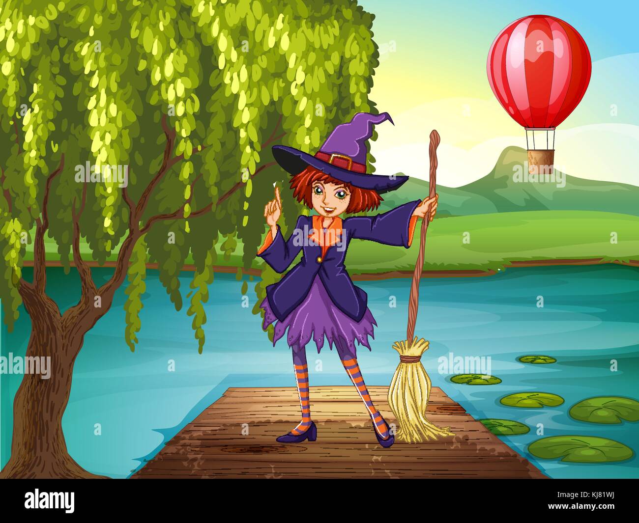 Illustration d'une sorcière, holding a broom standing au port Illustration de Vecteur
