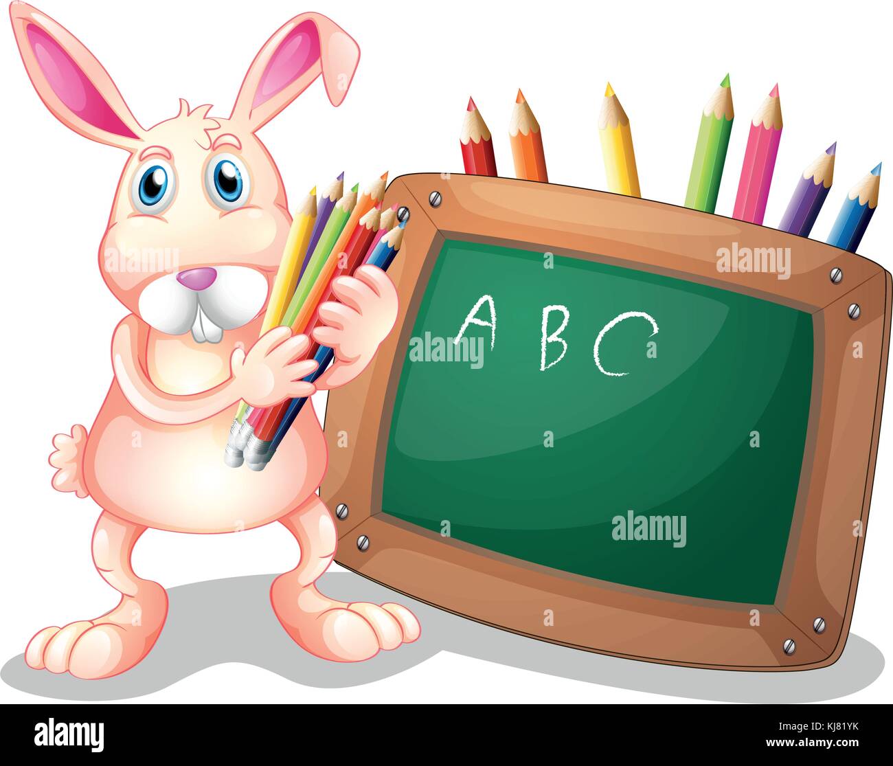 Illustration d'un lapin avec des feutres à colorier à côté d'un tableau noir sur un fond blanc Illustration de Vecteur
