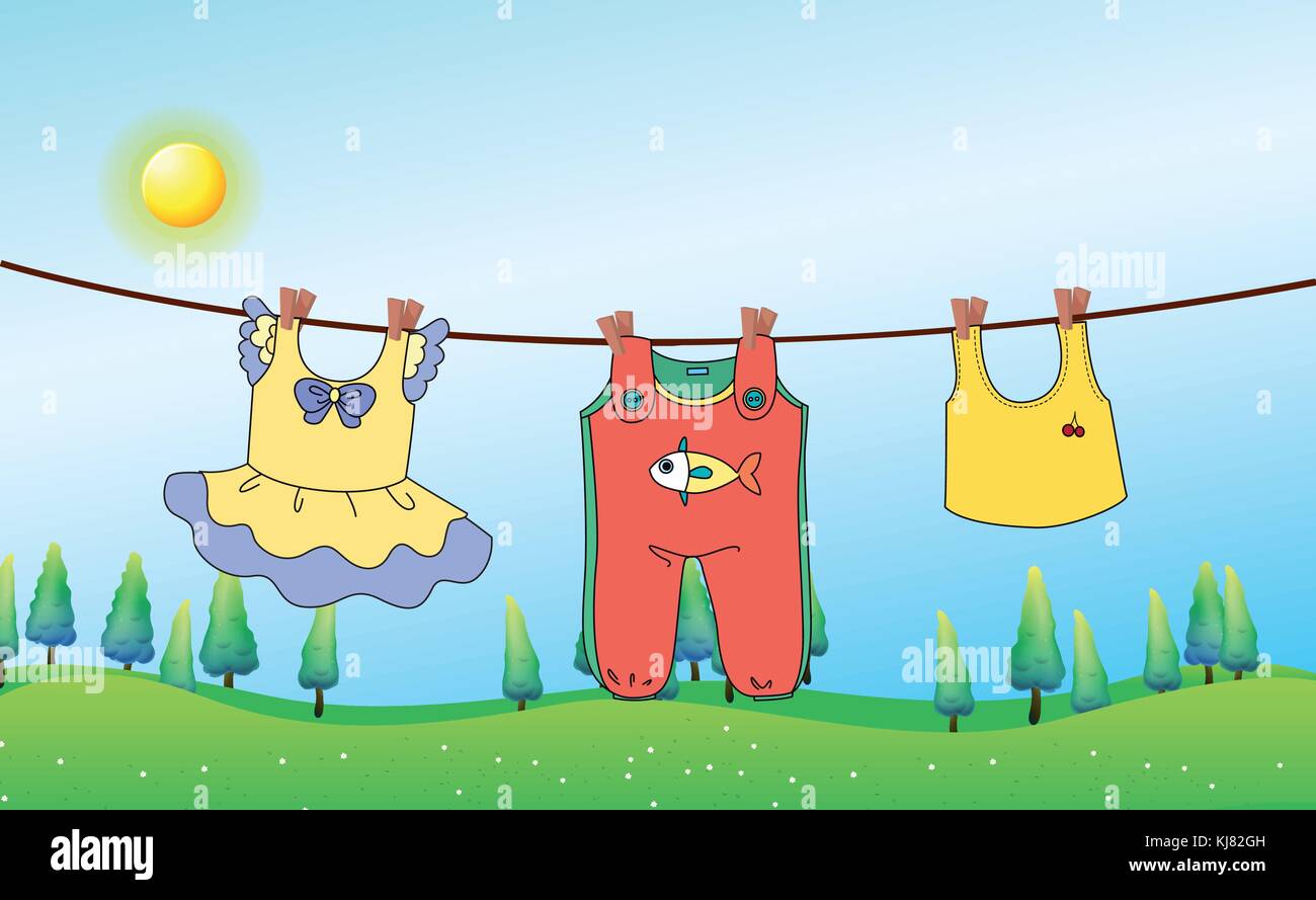 Illustration de la Kids clothes hanging sous le soleil Illustration de Vecteur