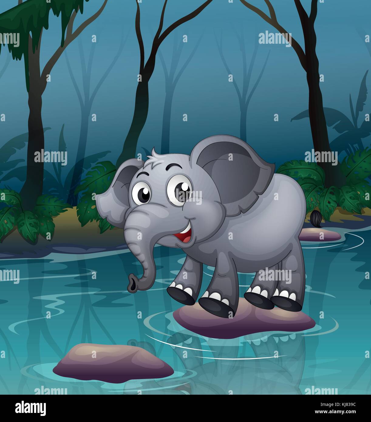 Illustration d'un éléphant traversant la rivière au moyen des grosses pierres Illustration de Vecteur