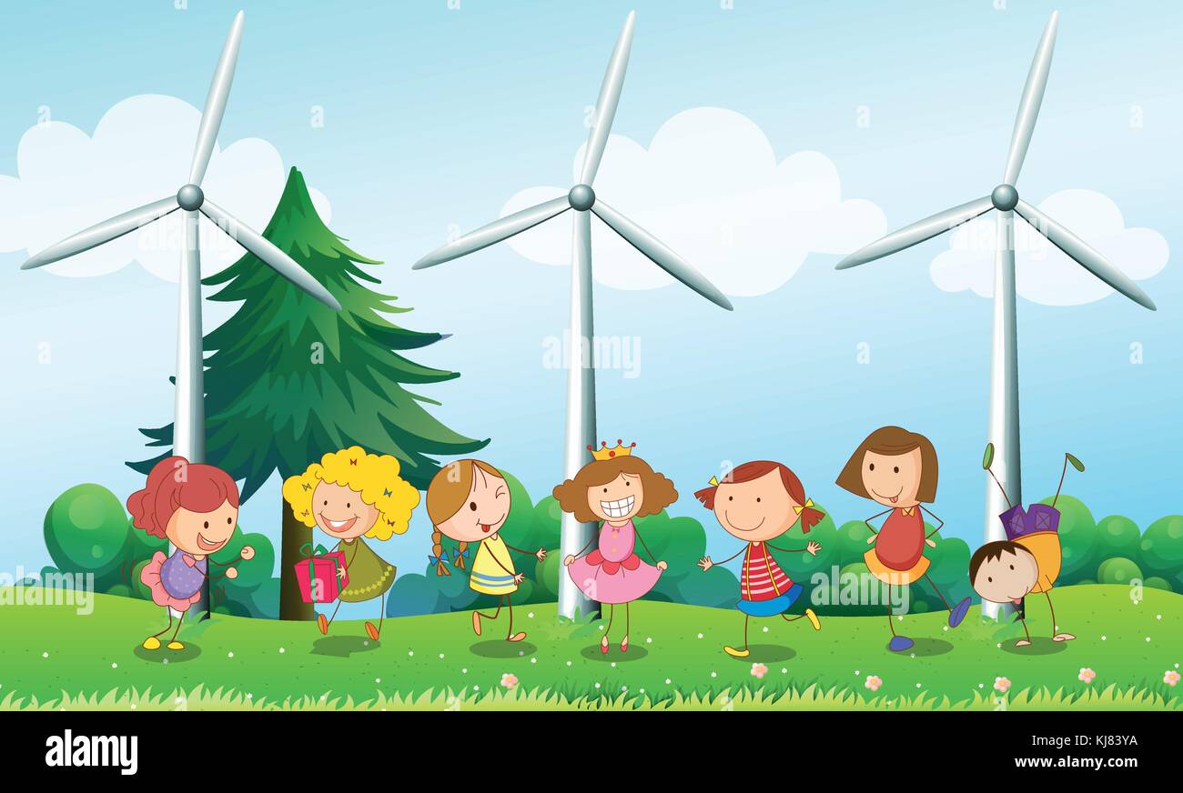 Illustration des sept enfants qui jouent dans la colline avec trois moulins à vent Illustration de Vecteur