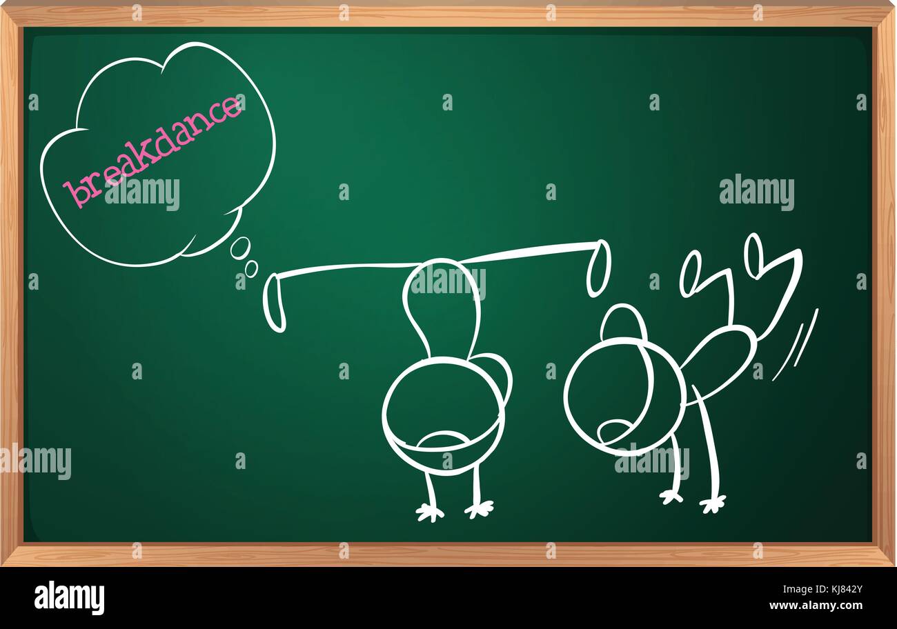 Illustration d'un tableau noir avec un dessin de deux garçons breakdancing sur fond blanc Illustration de Vecteur