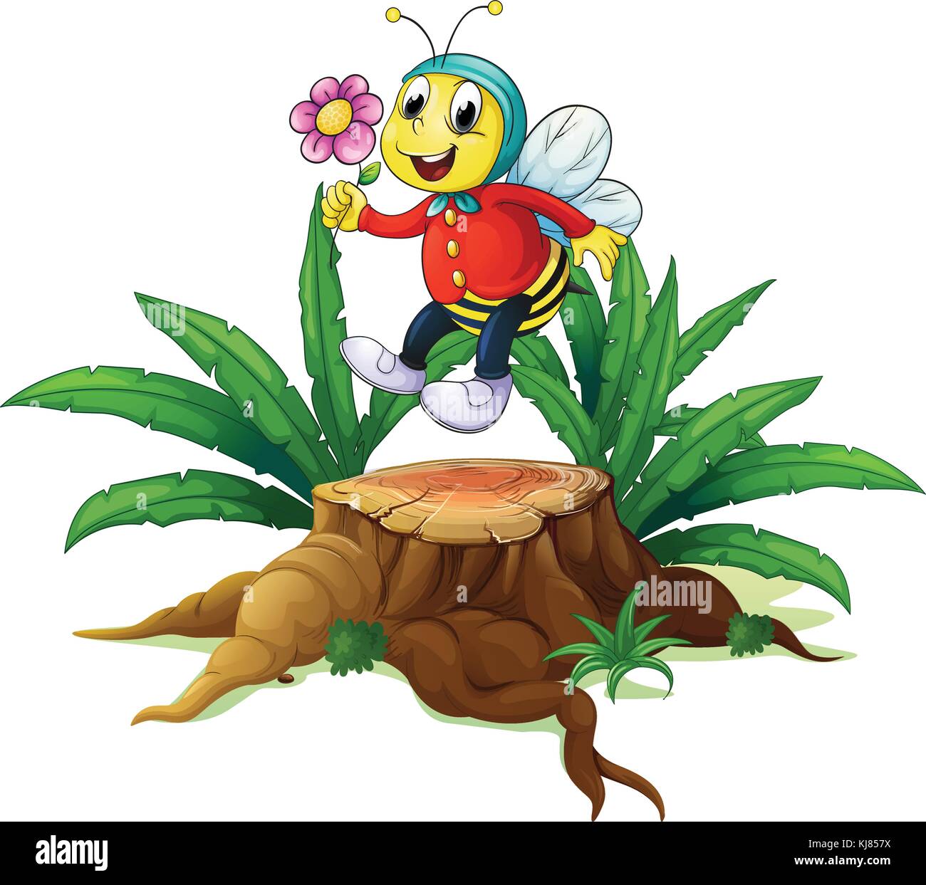 Illustration d'un bois avec une abeille tenant une fleur sur un fond blanc Illustration de Vecteur