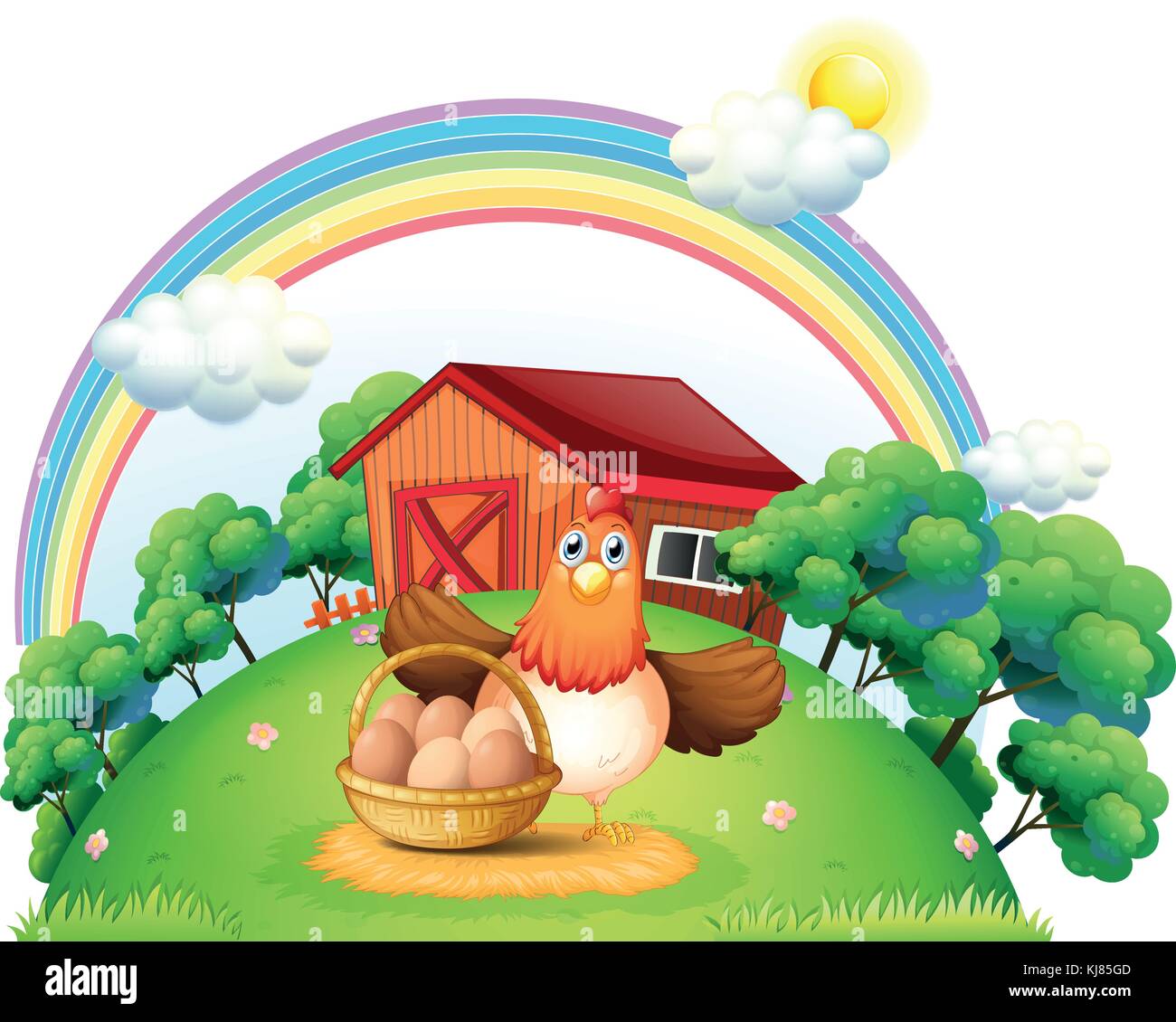 Illustration d'une poule avec un panier d'oeuf à la ferme sur un fond blanc Illustration de Vecteur